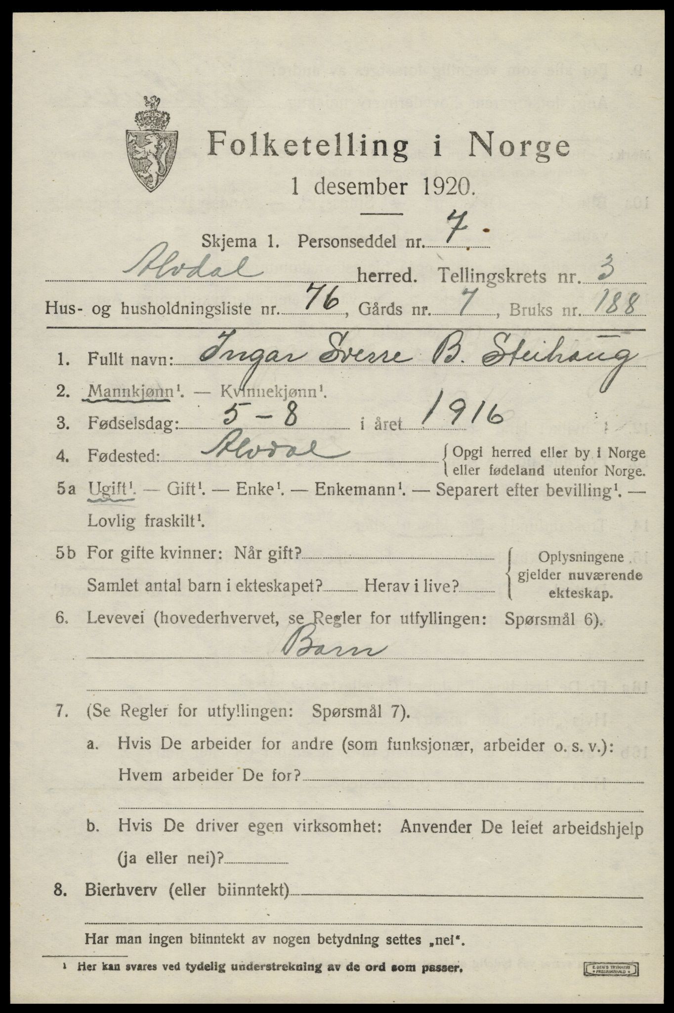 SAH, 1920 census for Alvdal, 1920, p. 2726