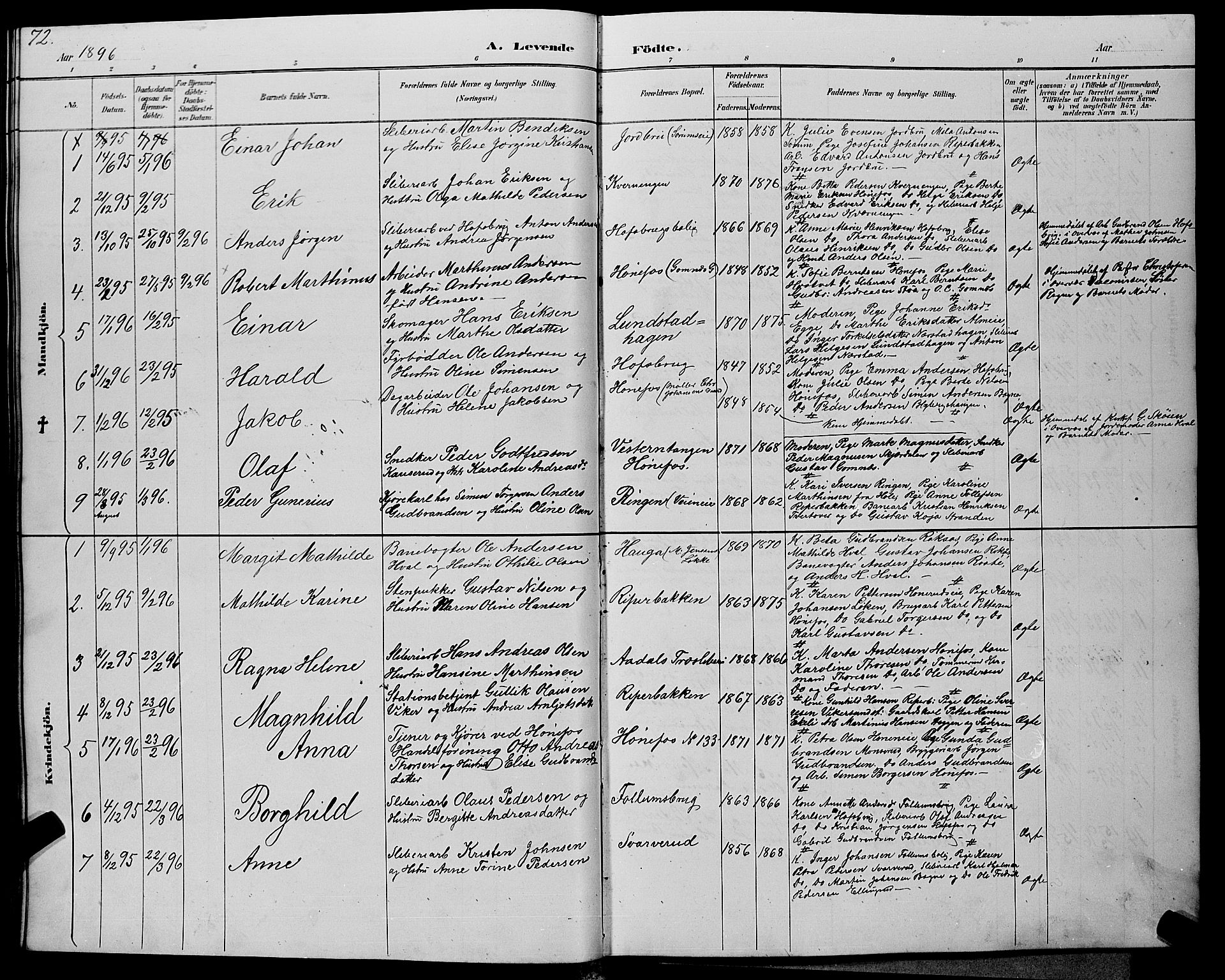 Hønefoss kirkebøker, AV/SAKO-A-609/G/Ga/L0002: Parish register (copy) no. 2, 1888-1904, p. 72