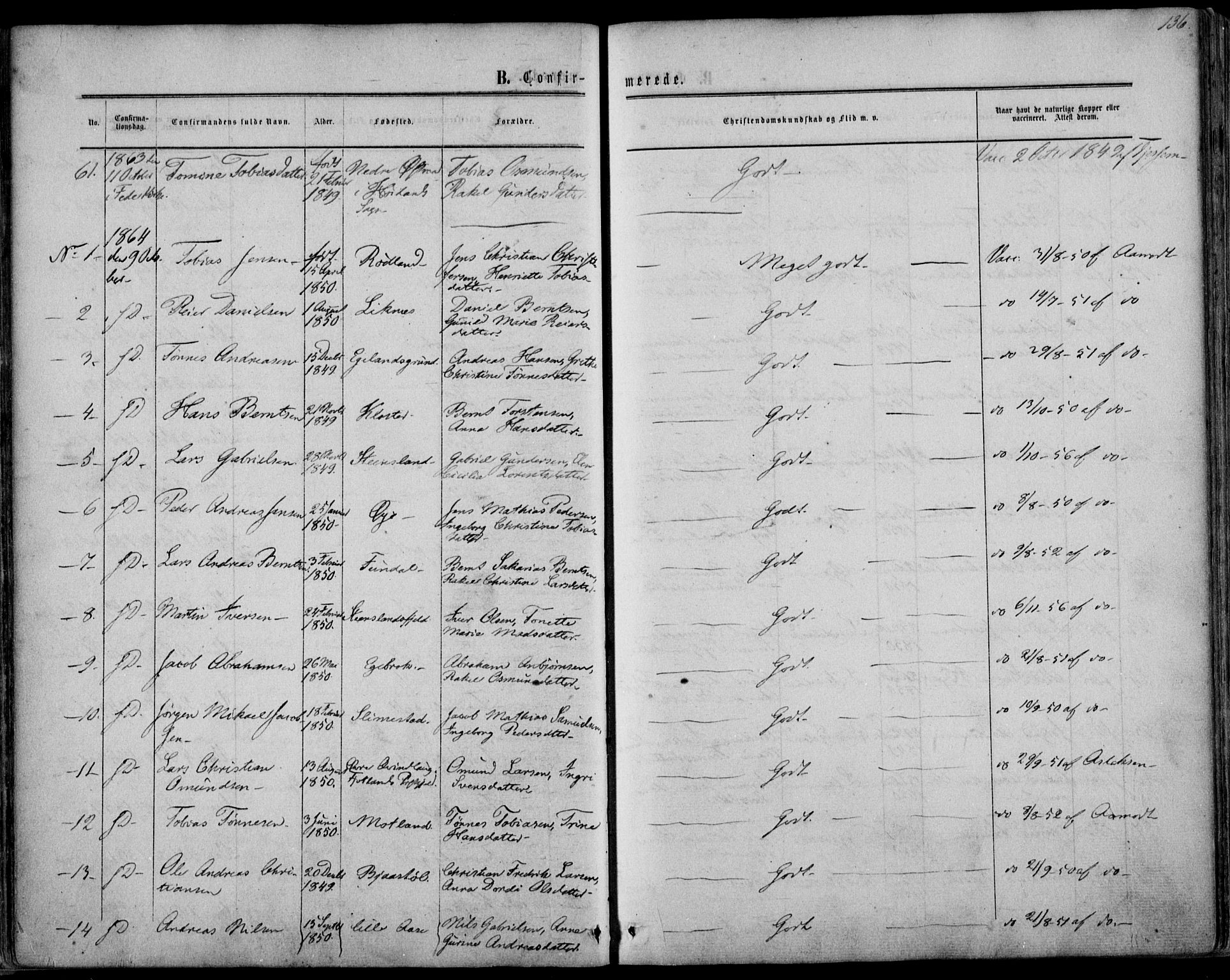 Kvinesdal sokneprestkontor, AV/SAK-1111-0026/F/Fa/Fab/L0006: Parish register (official) no. A 6, 1857-1869, p. 136