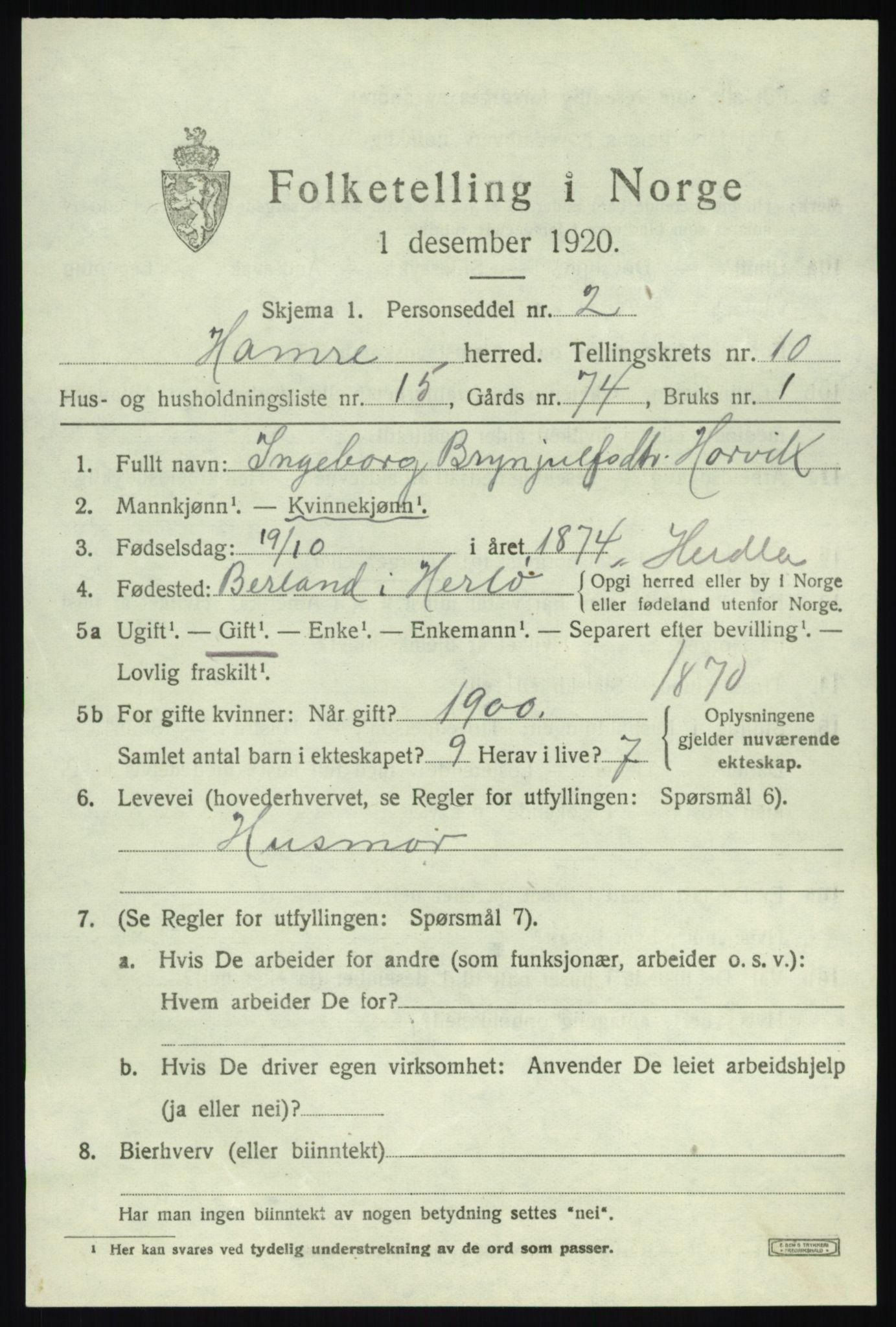 SAB, 1920 census for Hamre, 1920, p. 6071