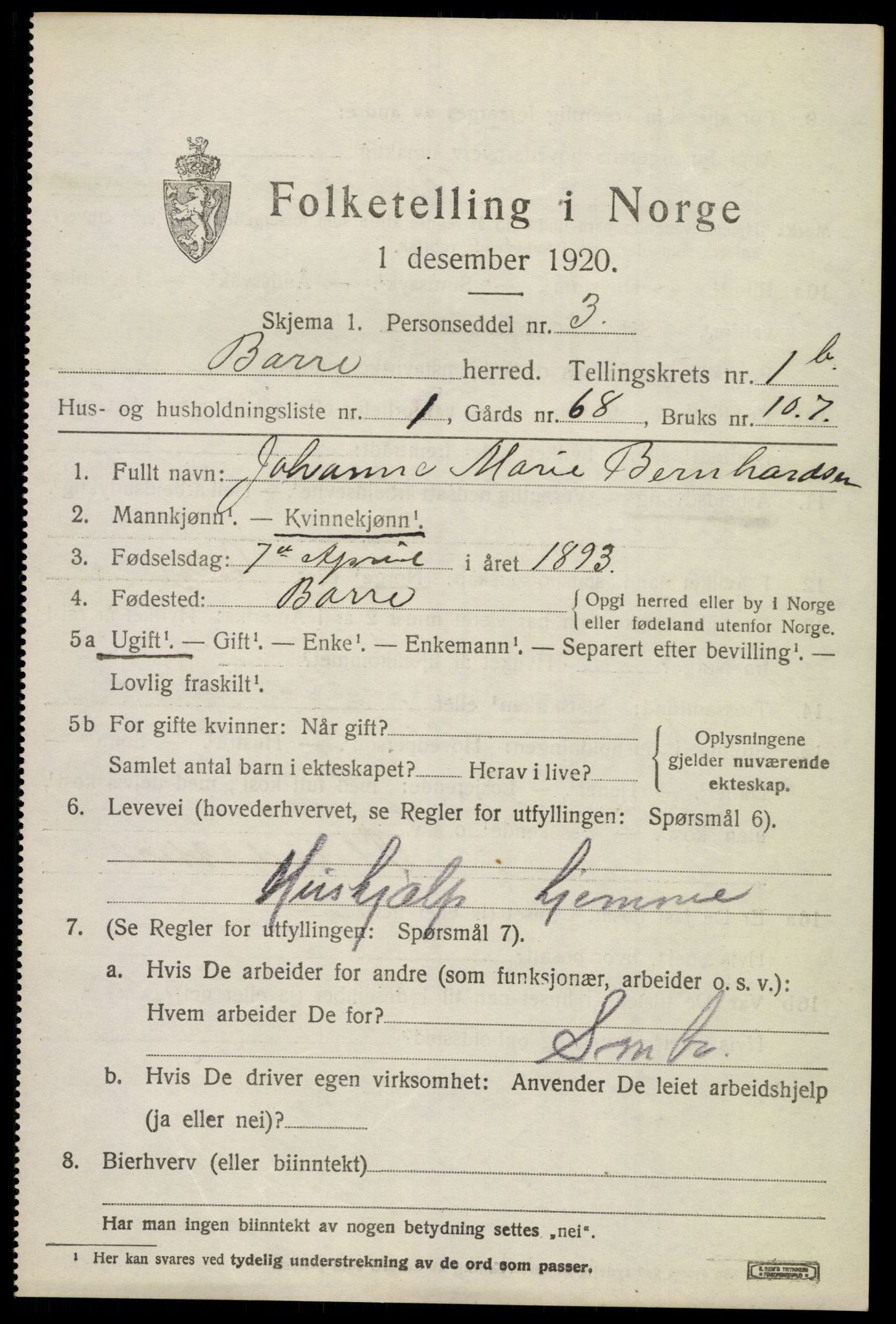 SAKO, 1920 census for Borre, 1920, p. 2630