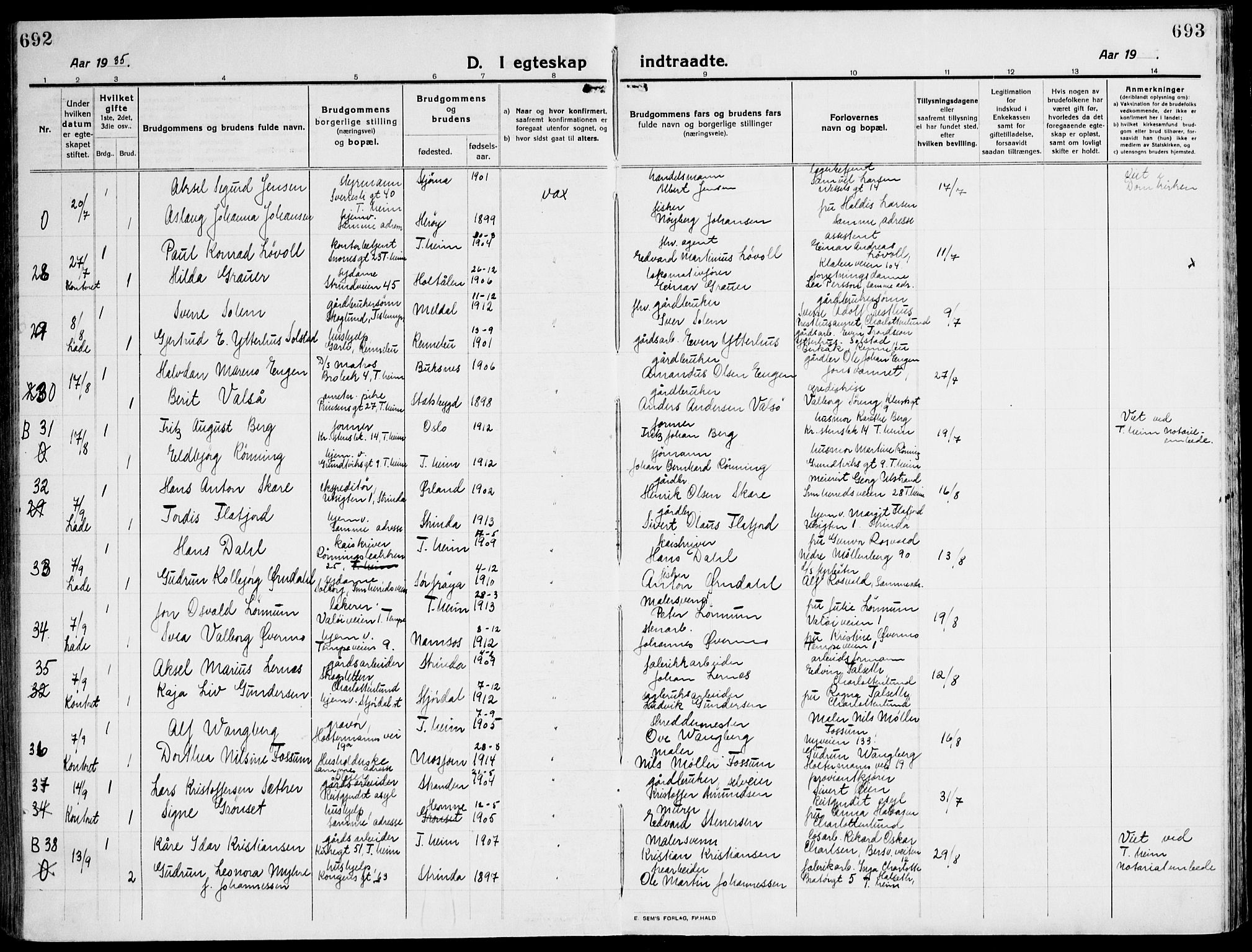 Ministerialprotokoller, klokkerbøker og fødselsregistre - Sør-Trøndelag, AV/SAT-A-1456/607/L0321: Parish register (official) no. 607A05, 1916-1935, p. 692-693