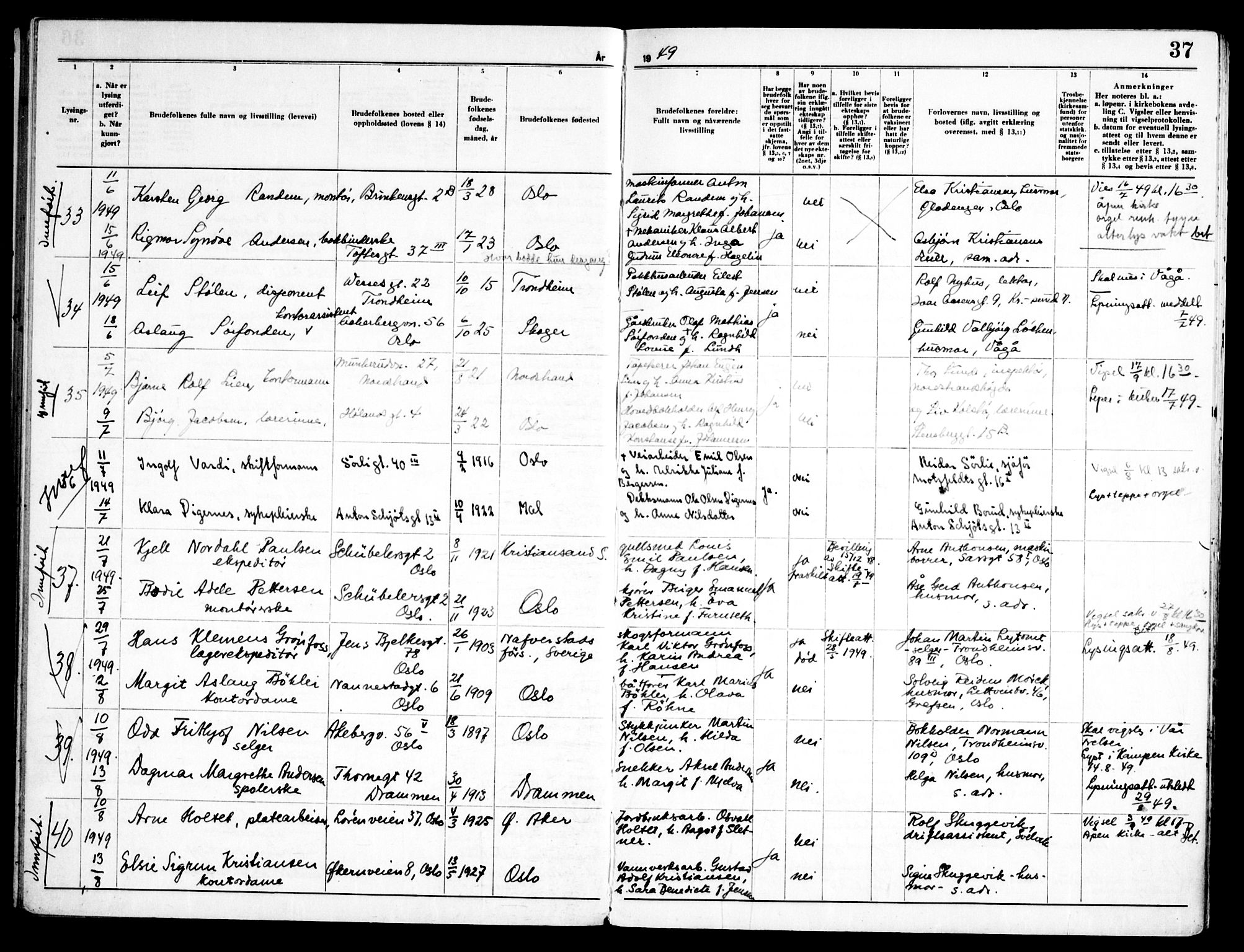 Kampen prestekontor Kirkebøker, AV/SAO-A-10853/H/Ha/L0008: Banns register no. 8, 1946-1956, p. 37