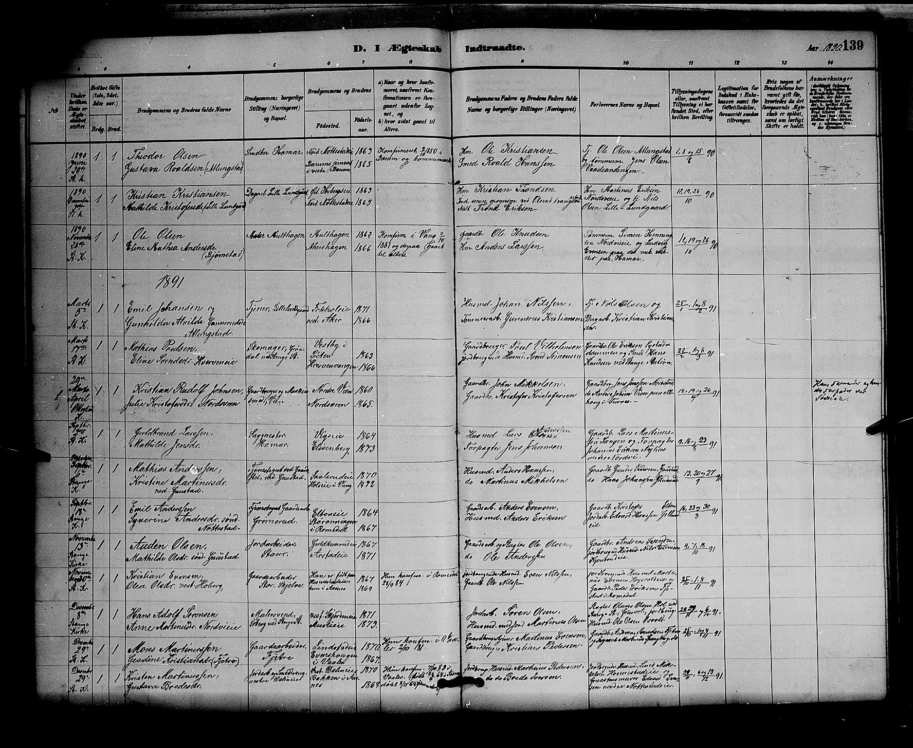 Stange prestekontor, AV/SAH-PREST-002/L/L0007: Parish register (copy) no. 7, 1880-1893, p. 139