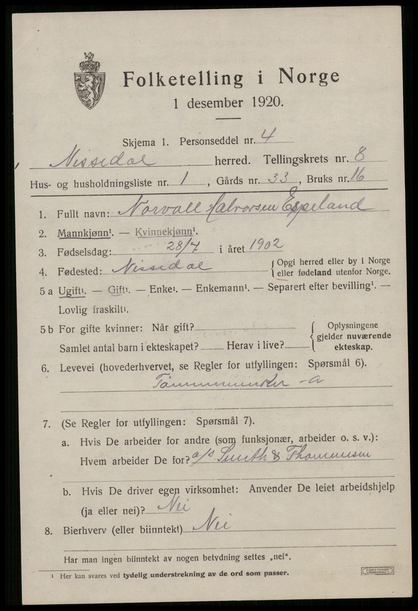 SAKO, 1920 census for Nissedal, 1920, p. 3045