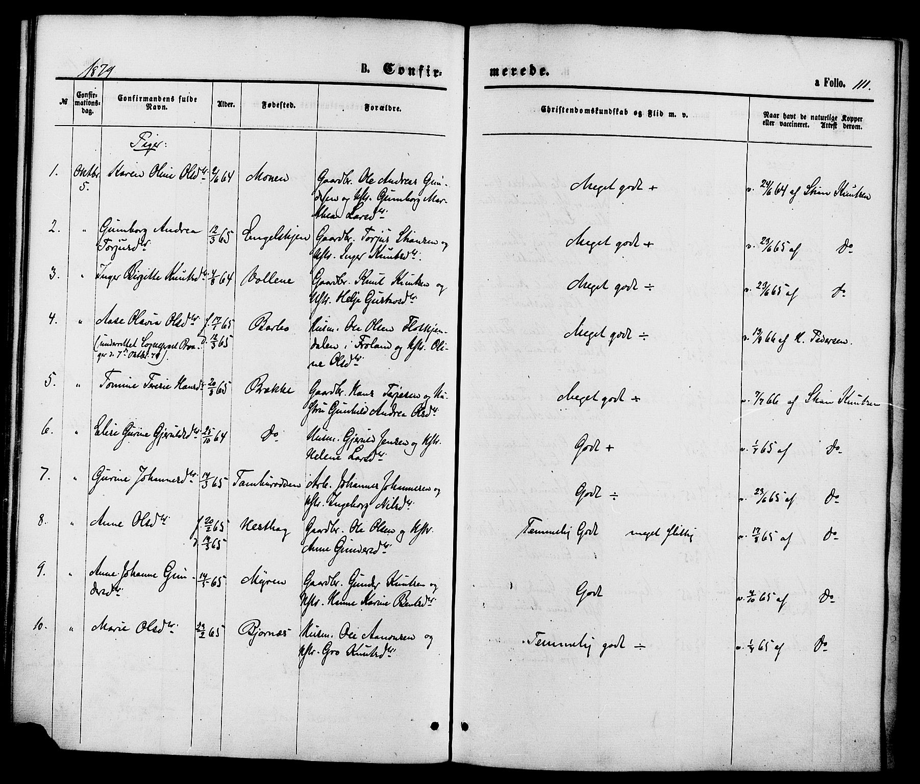 Austre Moland sokneprestkontor, SAK/1111-0001/F/Fa/Faa/L0009: Parish register (official) no. A 9, 1869-1879, p. 111