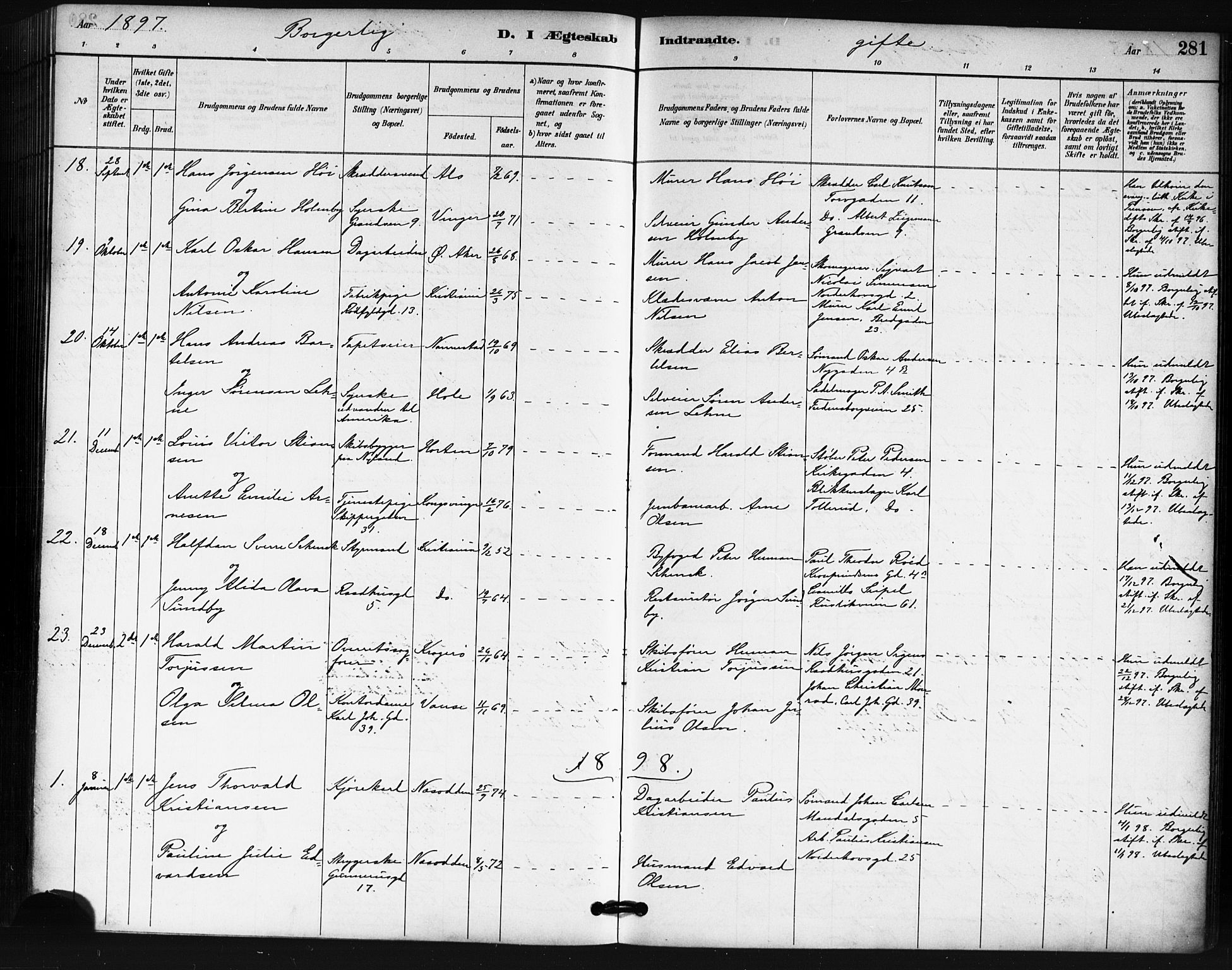 Oslo domkirke Kirkebøker, SAO/A-10752/F/Fa/L0032: Parish register (official) no. 32, 1885-1902, p. 281