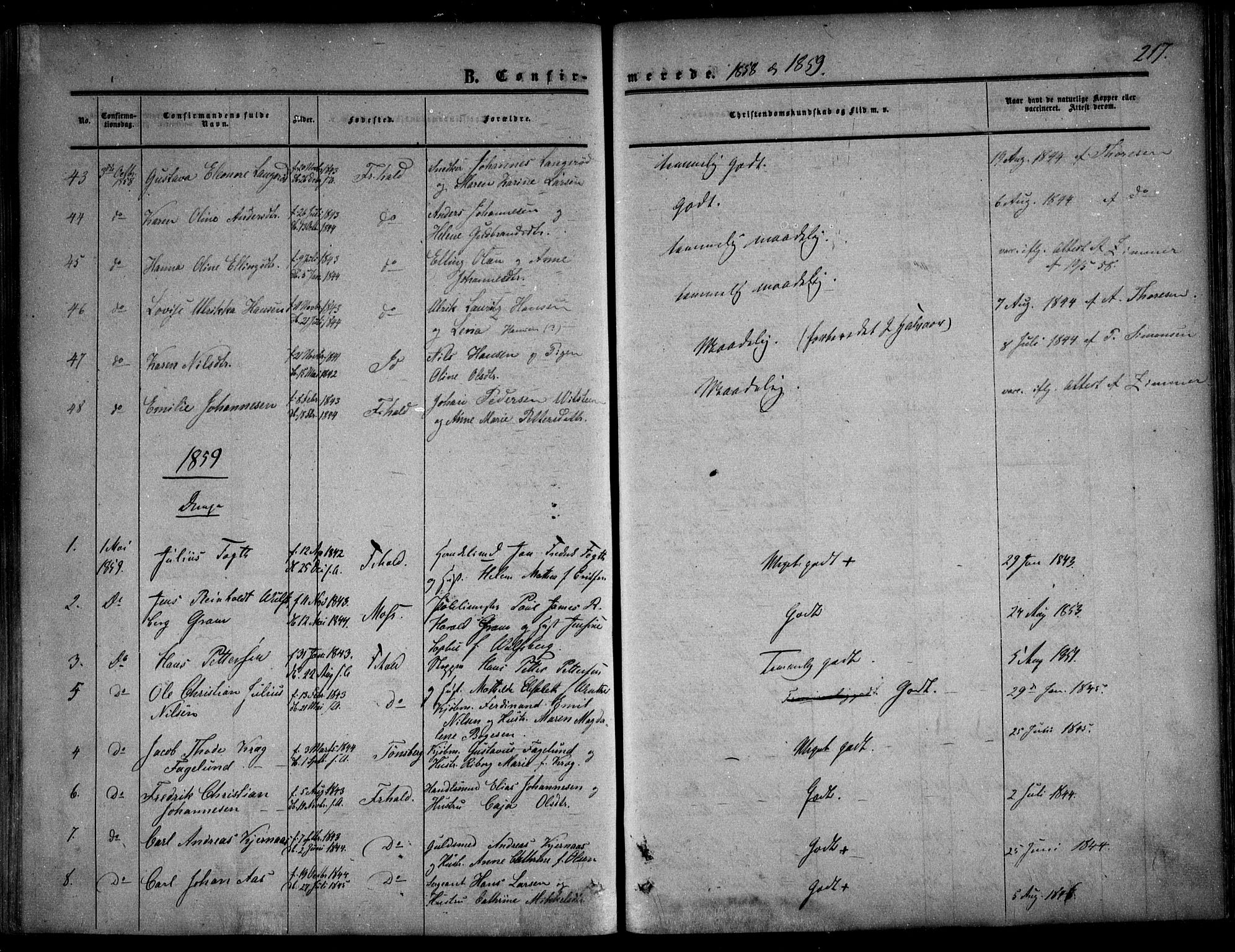 Halden prestekontor Kirkebøker, AV/SAO-A-10909/F/Fa/L0007: Parish register (official) no. I 7, 1857-1865, p. 217