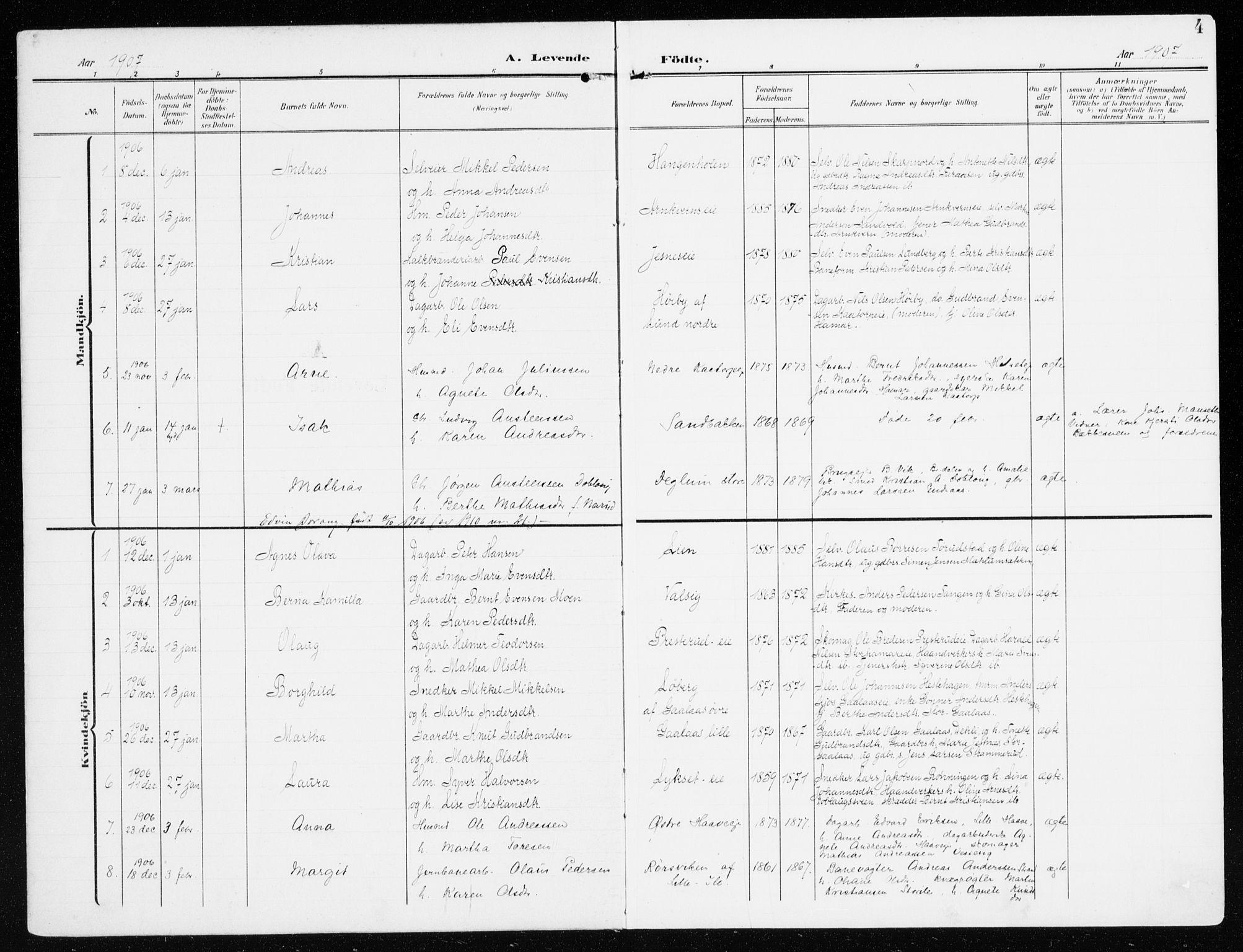 Furnes prestekontor, SAH/PREST-012/K/Ka/L0001: Parish register (official) no. 1, 1907-1935, p. 4