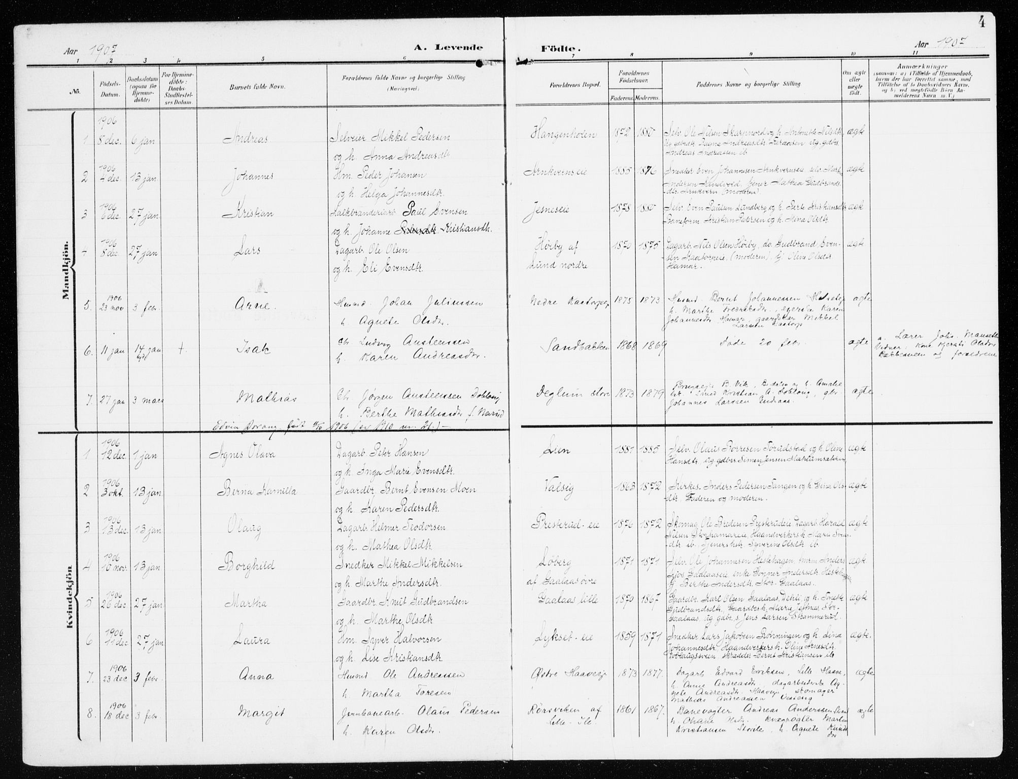 Furnes prestekontor, AV/SAH-PREST-012/K/Ka/L0001: Parish register (official) no. 1, 1907-1935, p. 4