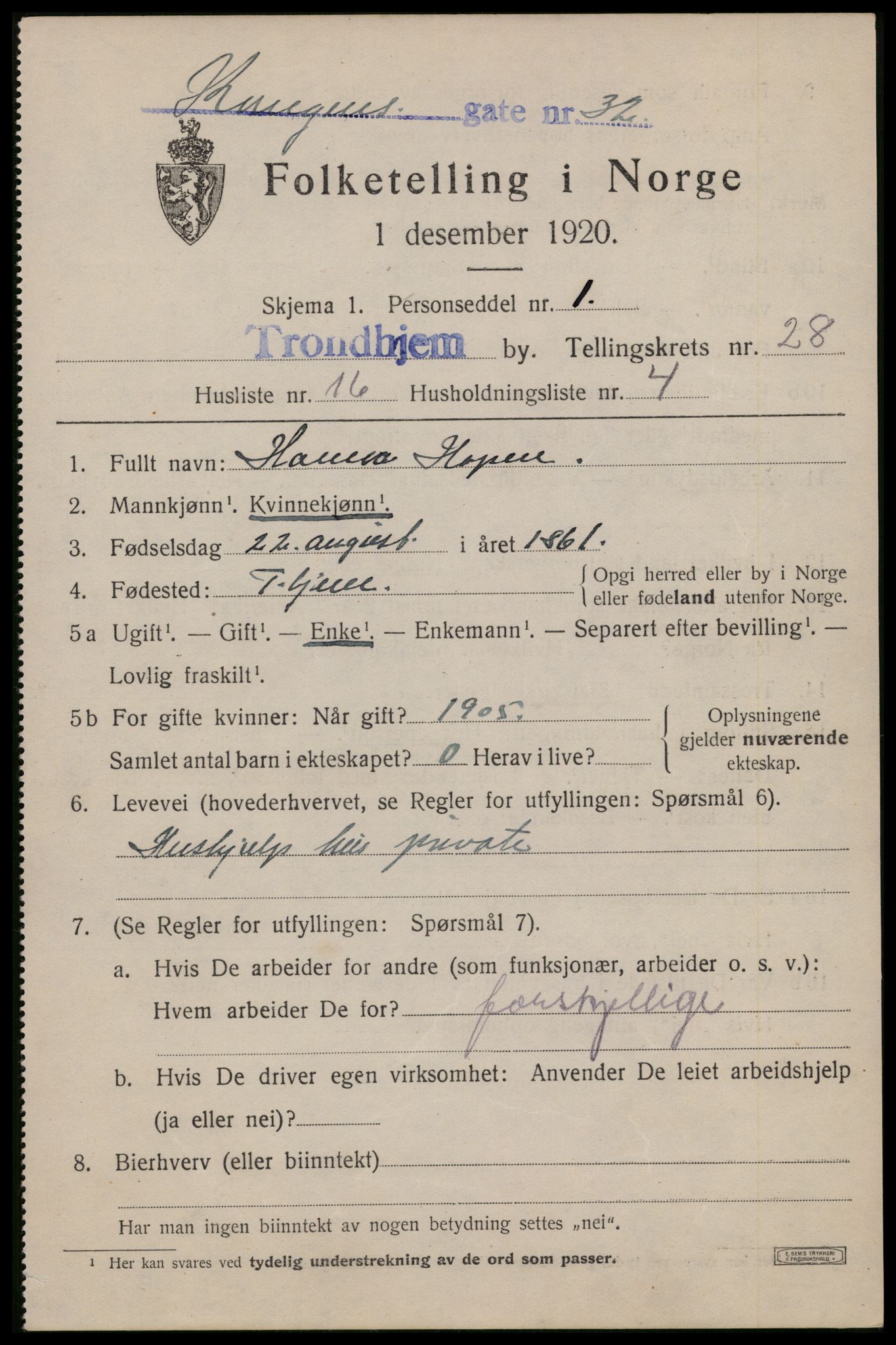 SAT, 1920 census for Trondheim, 1920, p. 71396