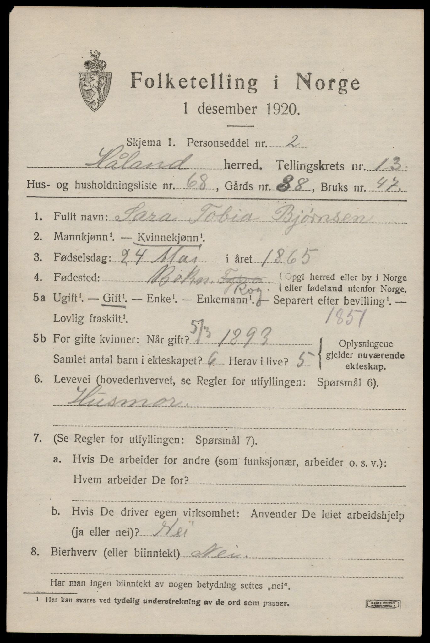 SAST, 1920 census for Håland, 1920, p. 9961