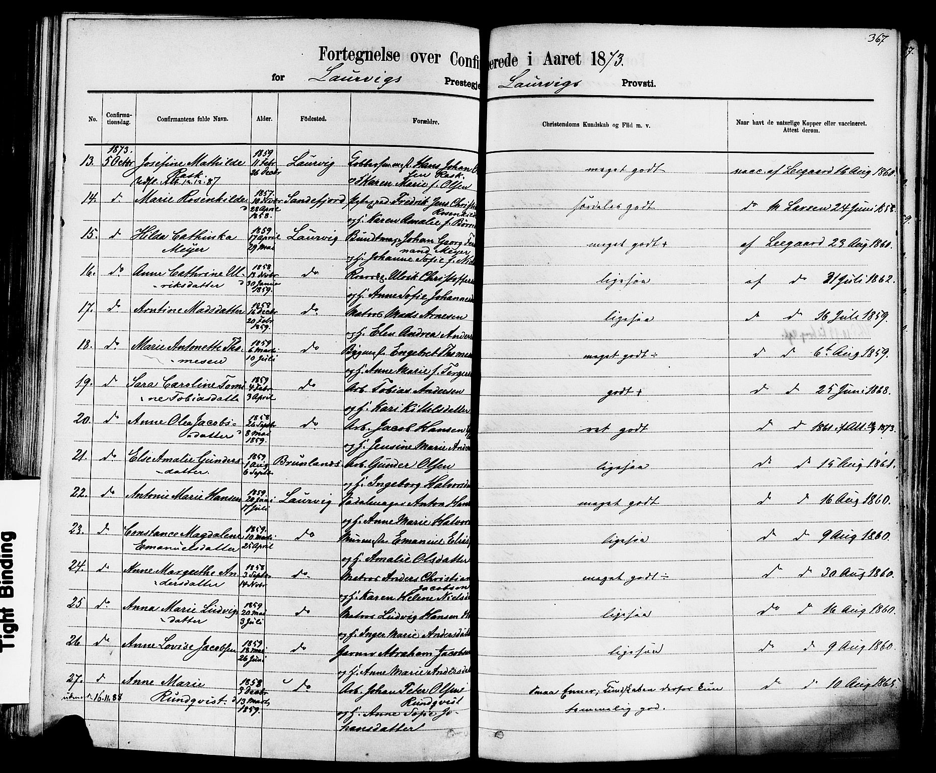 Larvik kirkebøker, AV/SAKO-A-352/F/Fa/L0006: Parish register (official) no. I 6, 1871-1883, p. 367