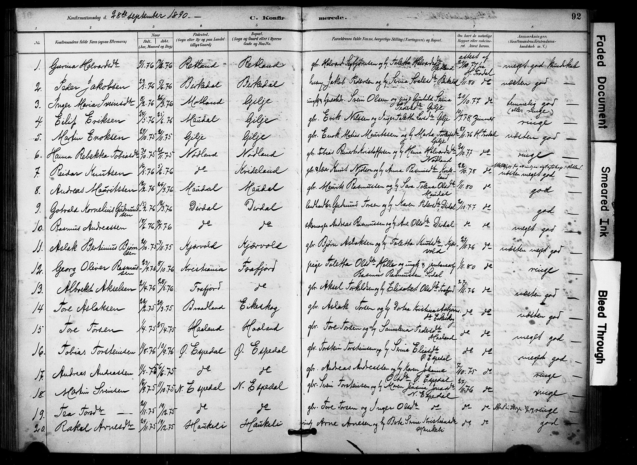 Høgsfjord sokneprestkontor, SAST/A-101624/H/Ha/Haa/L0006: Parish register (official) no. A 6, 1885-1897, p. 92