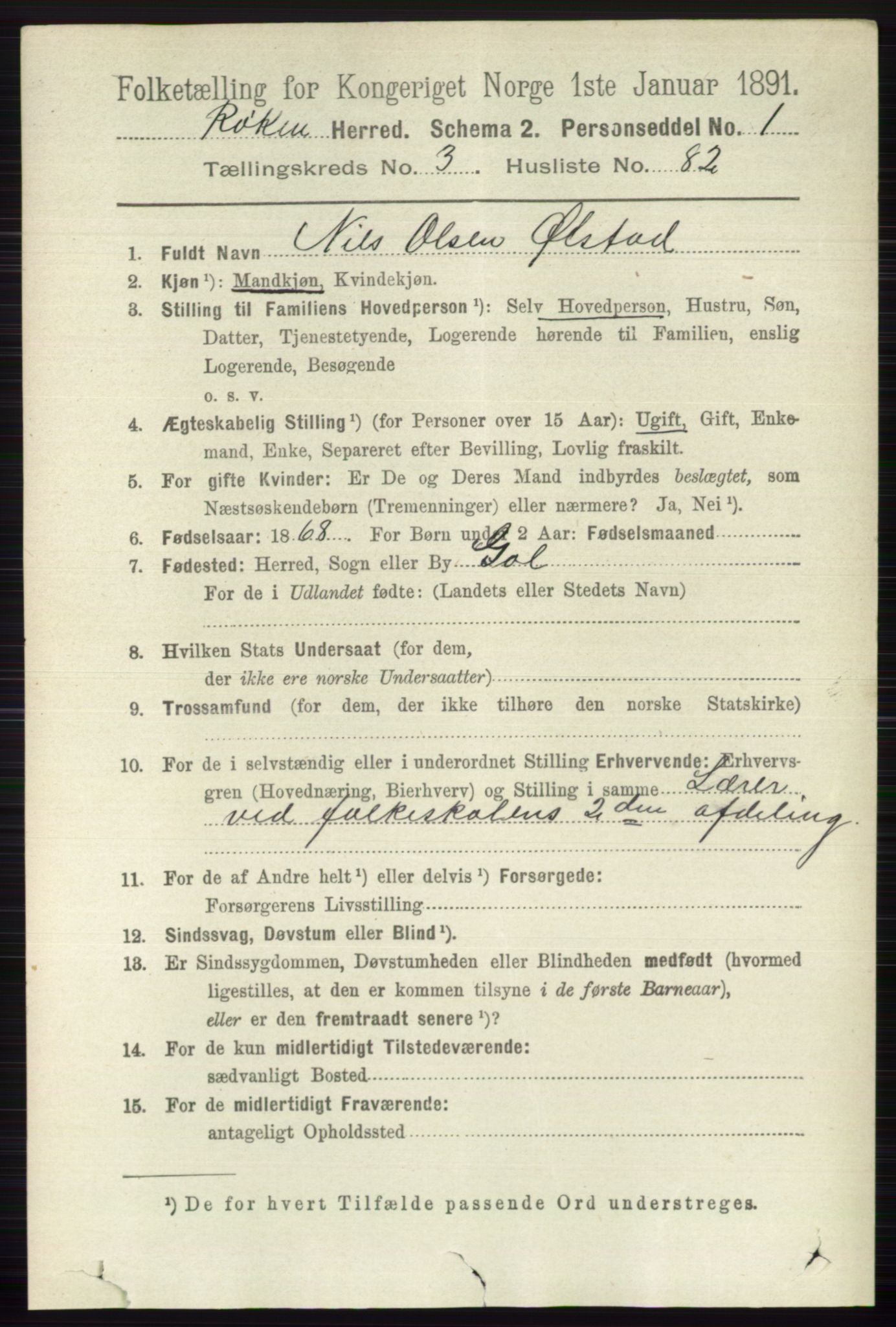 RA, 1891 census for 0627 Røyken, 1891, p. 1727