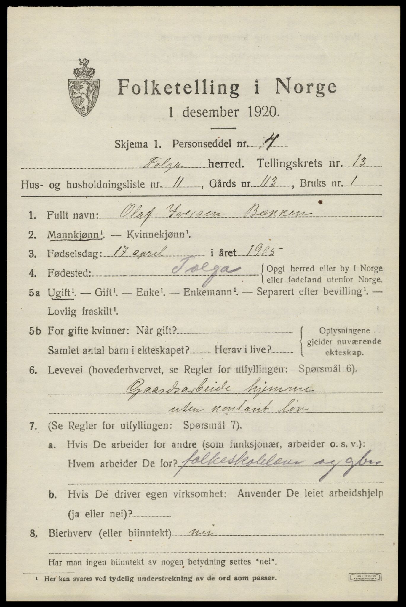 SAH, 1920 census for Tolga, 1920, p. 5919