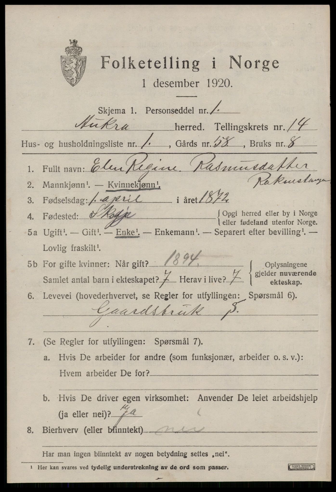 SAT, 1920 census for Aukra, 1920, p. 6167