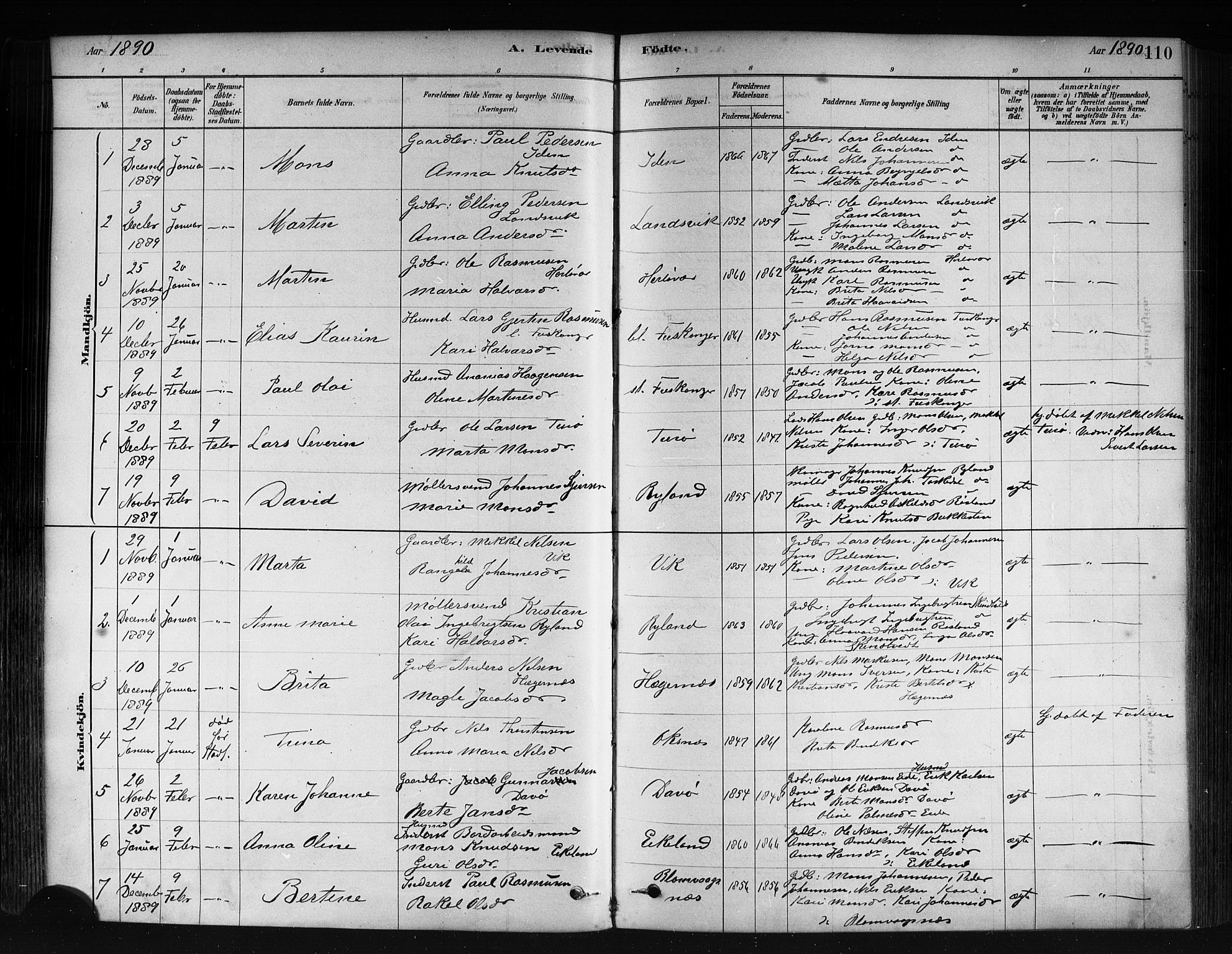 Herdla Sokneprestembete, AV/SAB-A-75701/H/Haa: Parish register (official) no. A 3, 1878-1890, p. 110