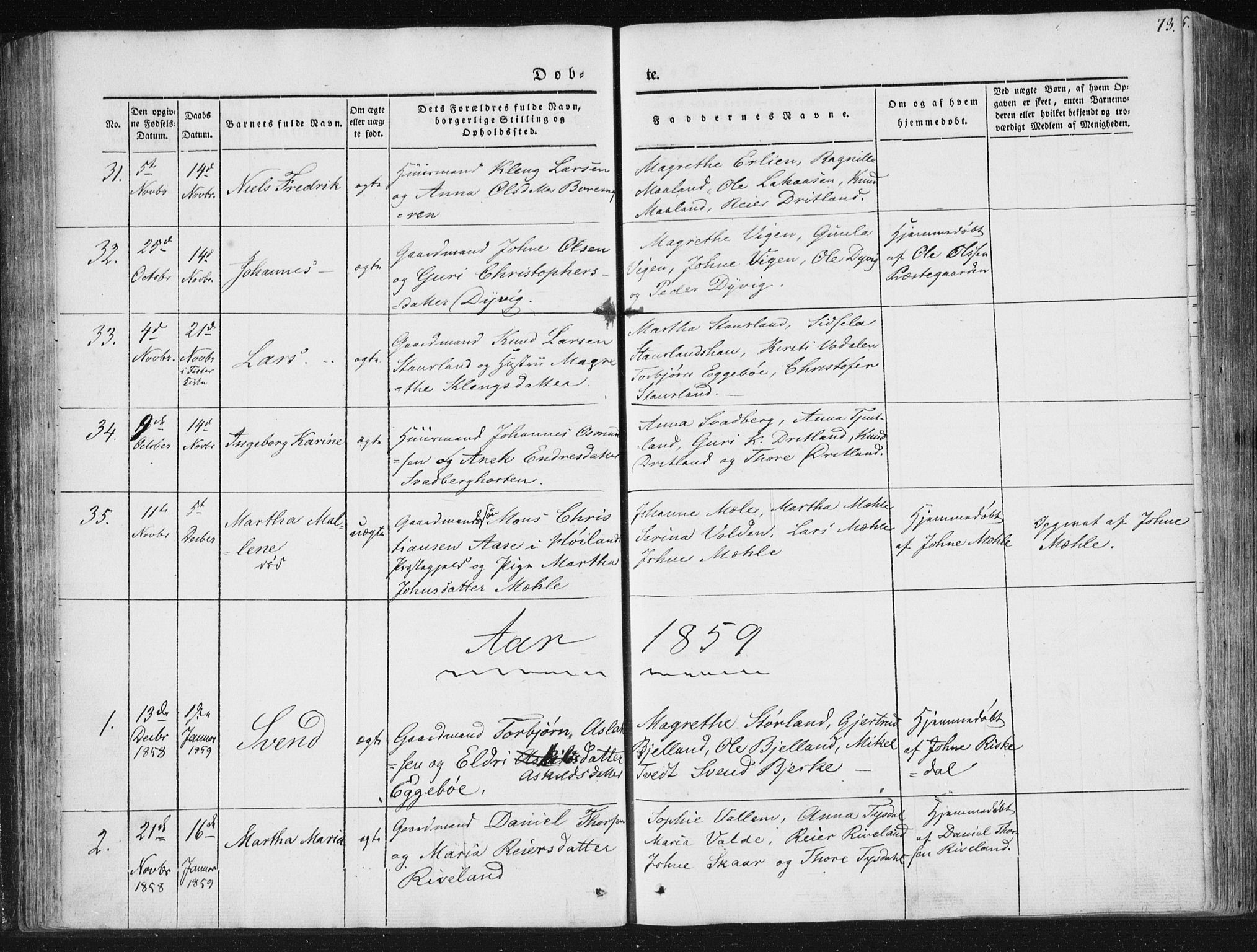 Hjelmeland sokneprestkontor, AV/SAST-A-101843/01/IV/L0008: Parish register (official) no. A 8, 1842-1861, p. 73