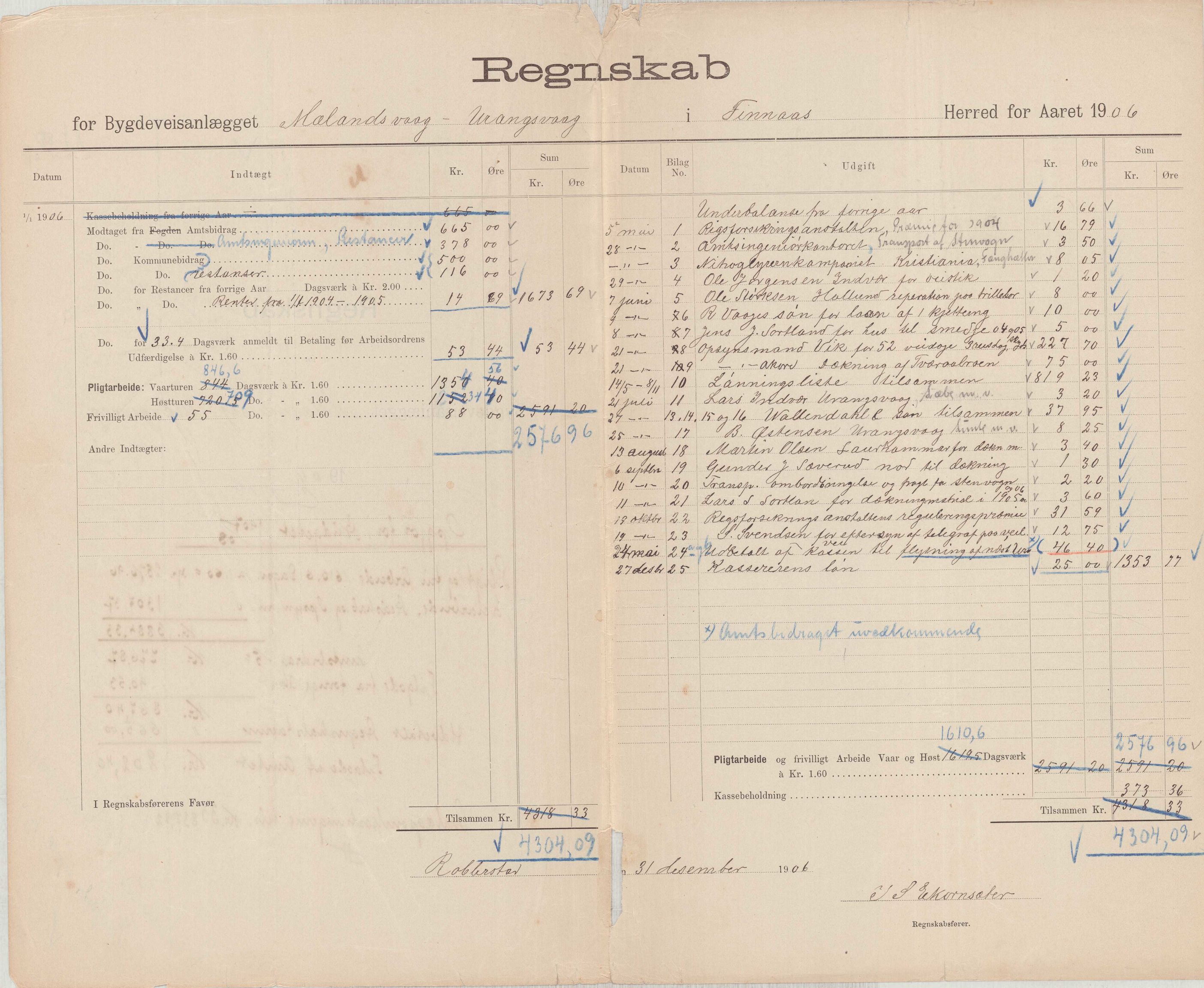 Finnaas kommune. Formannskapet, IKAH/1218a-021/E/Ea/L0002/0004: Rekneskap for veganlegg / Rekneskap for veganlegget Urangsvåg - Mælandsvåg, 1906, p. 11