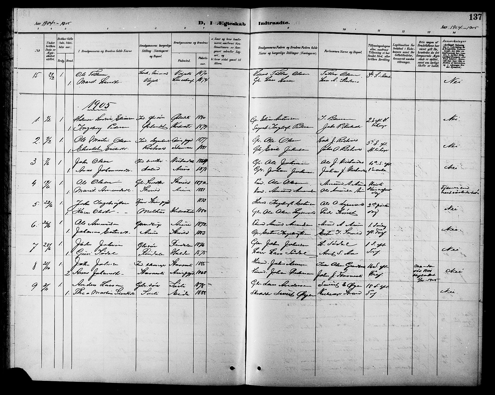 Ministerialprotokoller, klokkerbøker og fødselsregistre - Sør-Trøndelag, SAT/A-1456/630/L0505: Parish register (copy) no. 630C03, 1899-1914, p. 137