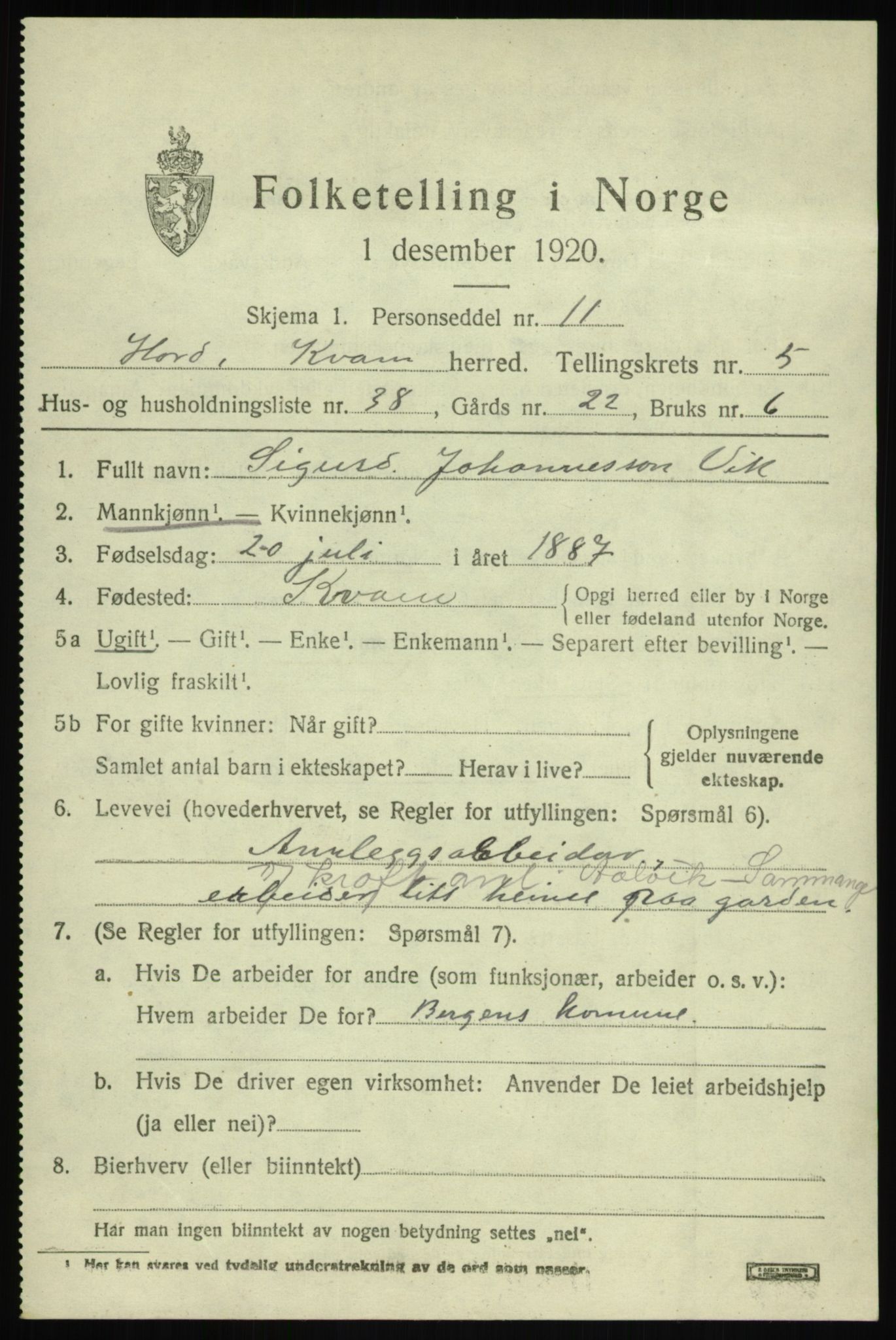 SAB, 1920 census for Kvam, 1920, p. 4213