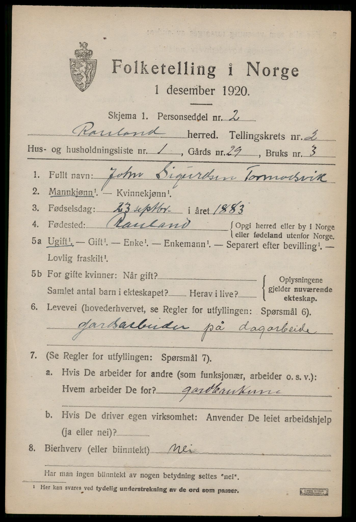 SAKO, 1920 census for Rauland, 1920, p. 616