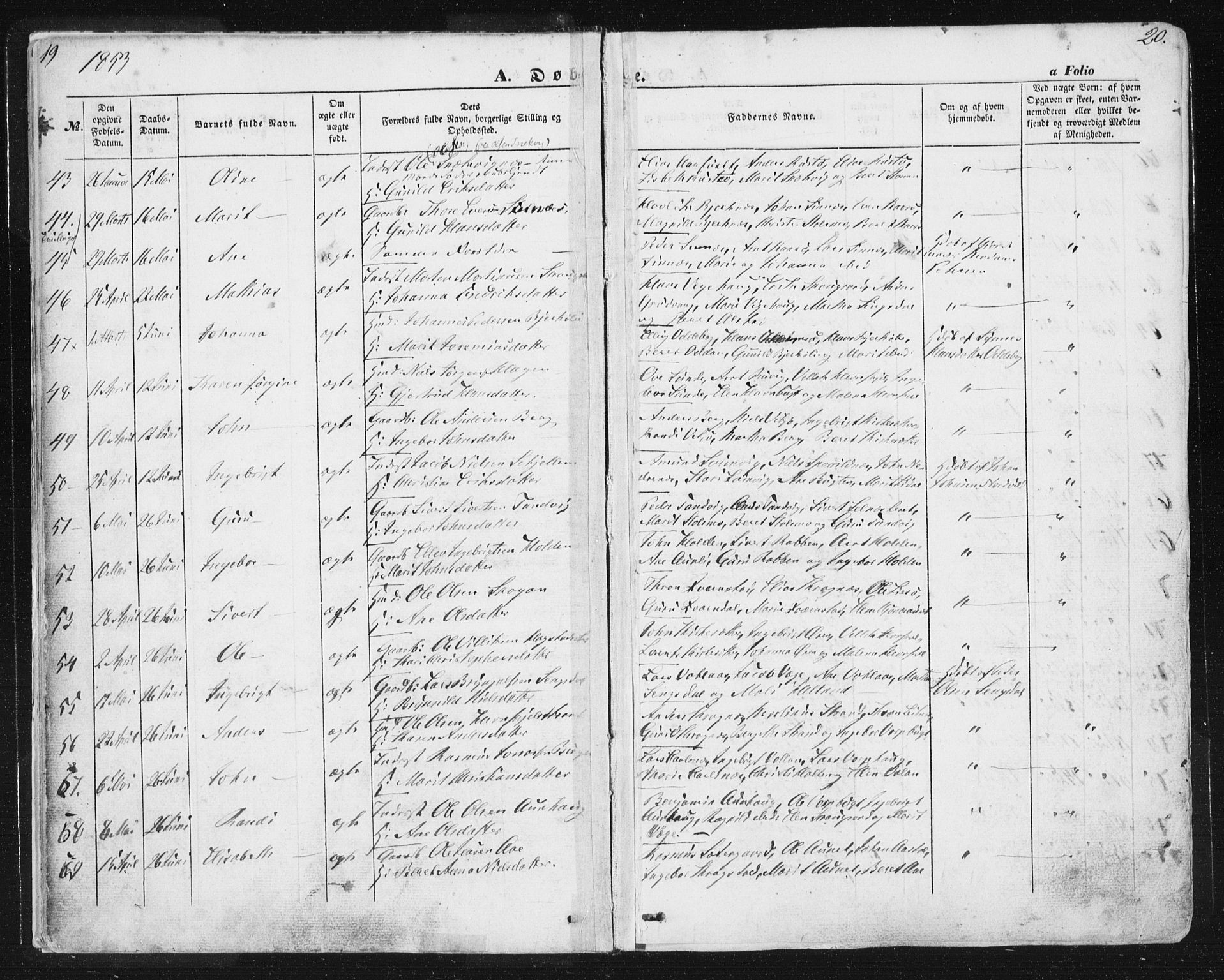 Ministerialprotokoller, klokkerbøker og fødselsregistre - Sør-Trøndelag, AV/SAT-A-1456/630/L0494: Parish register (official) no. 630A07, 1852-1868, p. 19-20