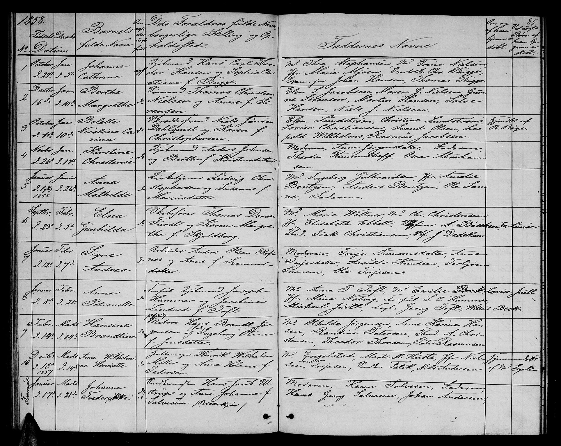 Arendal sokneprestkontor, Trefoldighet, SAK/1111-0040/F/Fb/L0003: Parish register (copy) no. B 3, 1851-1860, p. 85