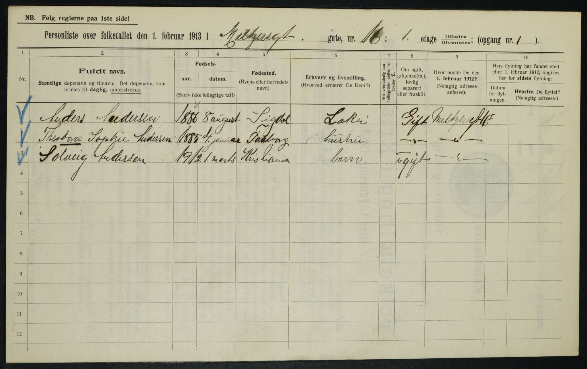 OBA, Municipal Census 1913 for Kristiania, 1913, p. 65225