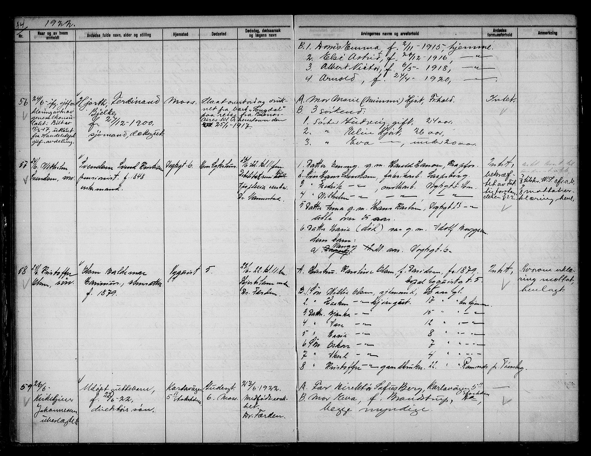 Moss byfogd, AV/SAO-A-10863/H/Ha/Hab/L0006: Dødsanmeldelsesprotokoll, 1921-1931, p. 34