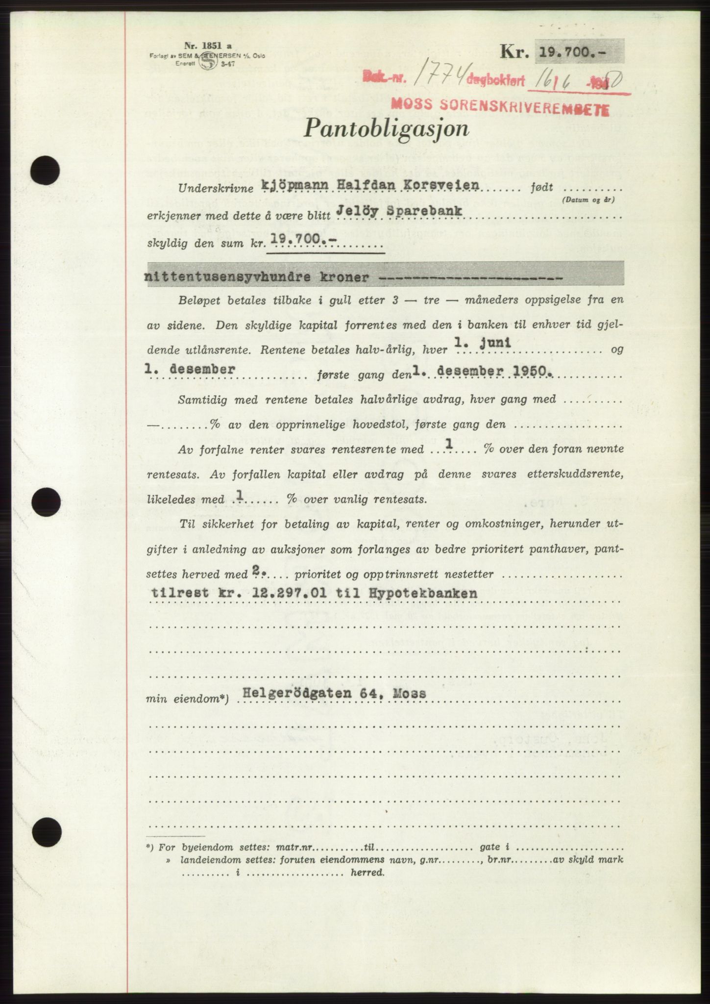 Moss sorenskriveri, AV/SAO-A-10168: Mortgage book no. B24, 1950-1950, Diary no: : 1774/1950