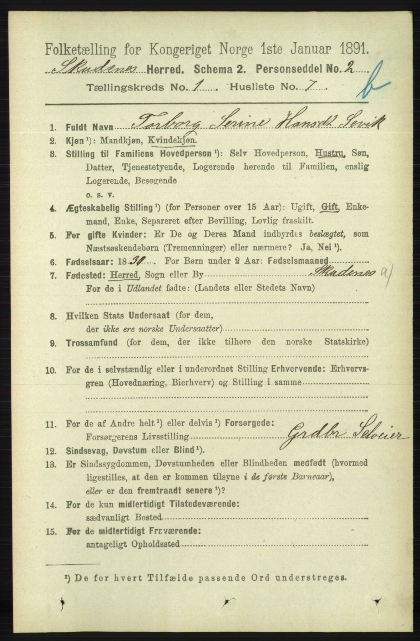 RA, 1891 census for 1150 Skudenes, 1891, p. 3439