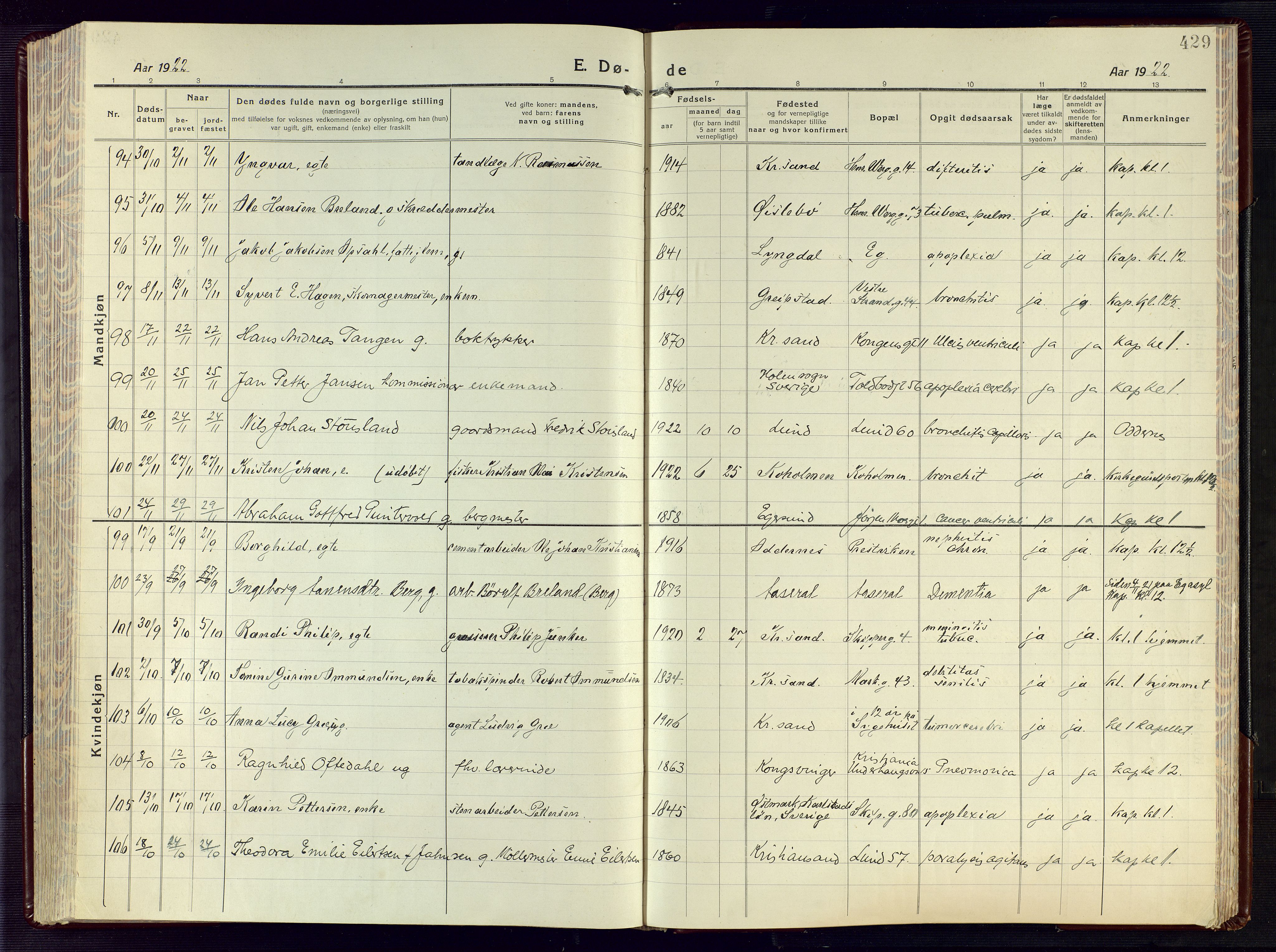 Kristiansand domprosti, AV/SAK-1112-0006/F/Fa/L0028: Parish register (official) no. A 27, 1917-1926, p. 429