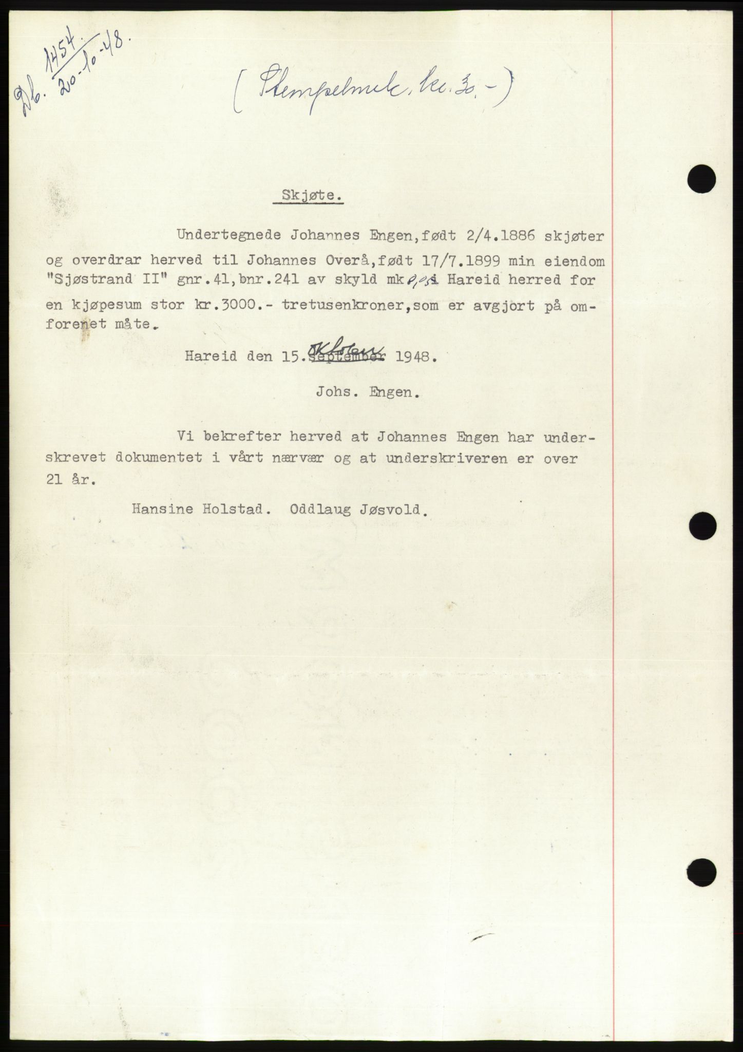 Søre Sunnmøre sorenskriveri, AV/SAT-A-4122/1/2/2C/L0083: Mortgage book no. 9A, 1948-1949, Diary no: : 1454/1948