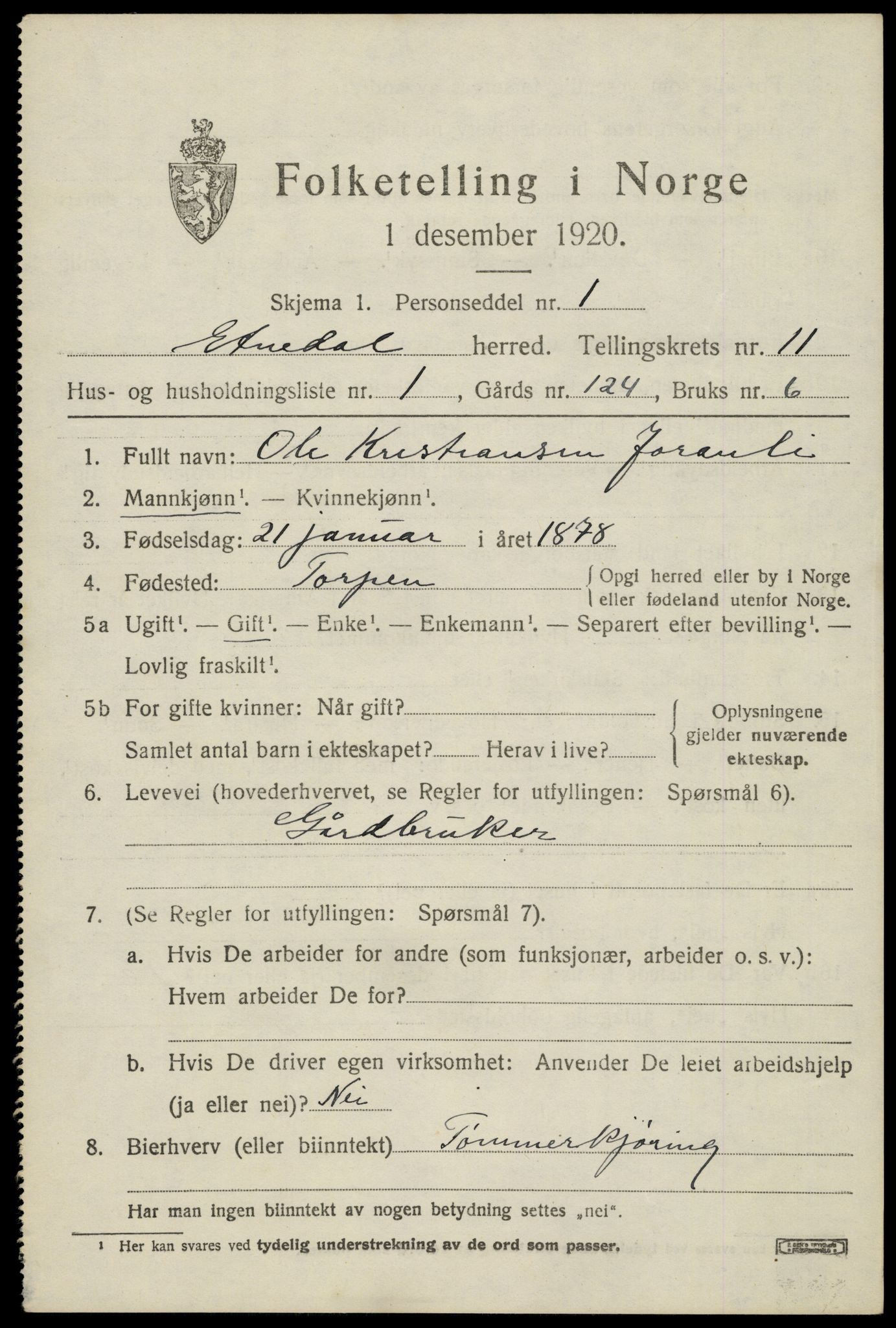 SAH, 1920 census for Etnedal, 1920, p. 4568