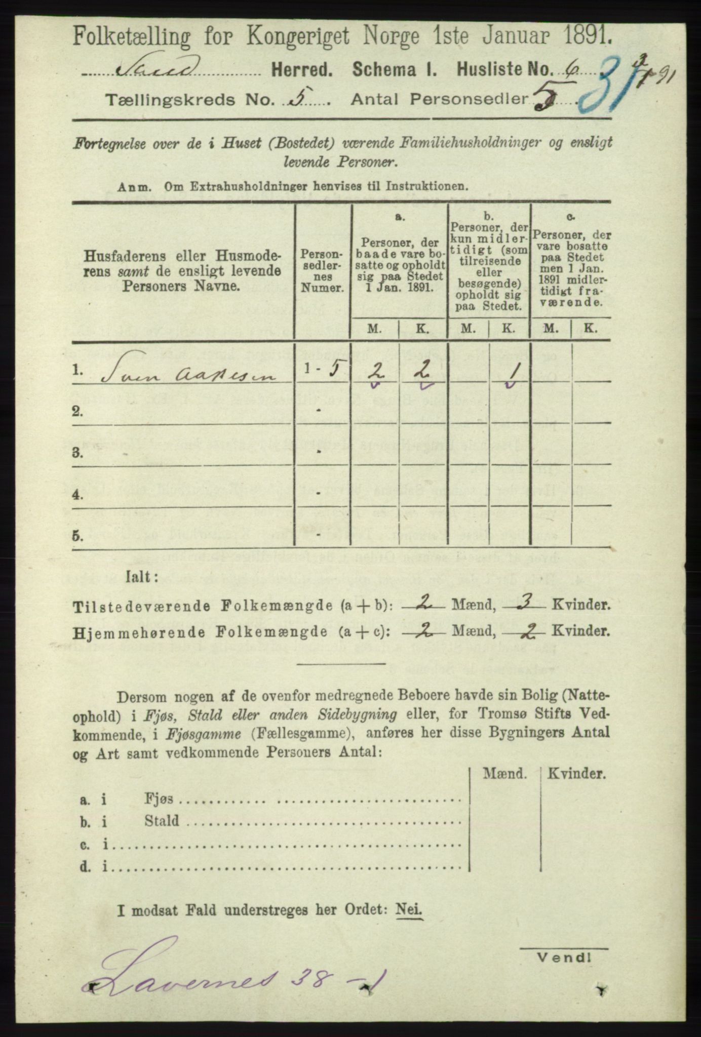 RA, 1891 census for 1136 Sand, 1891, p. 1490