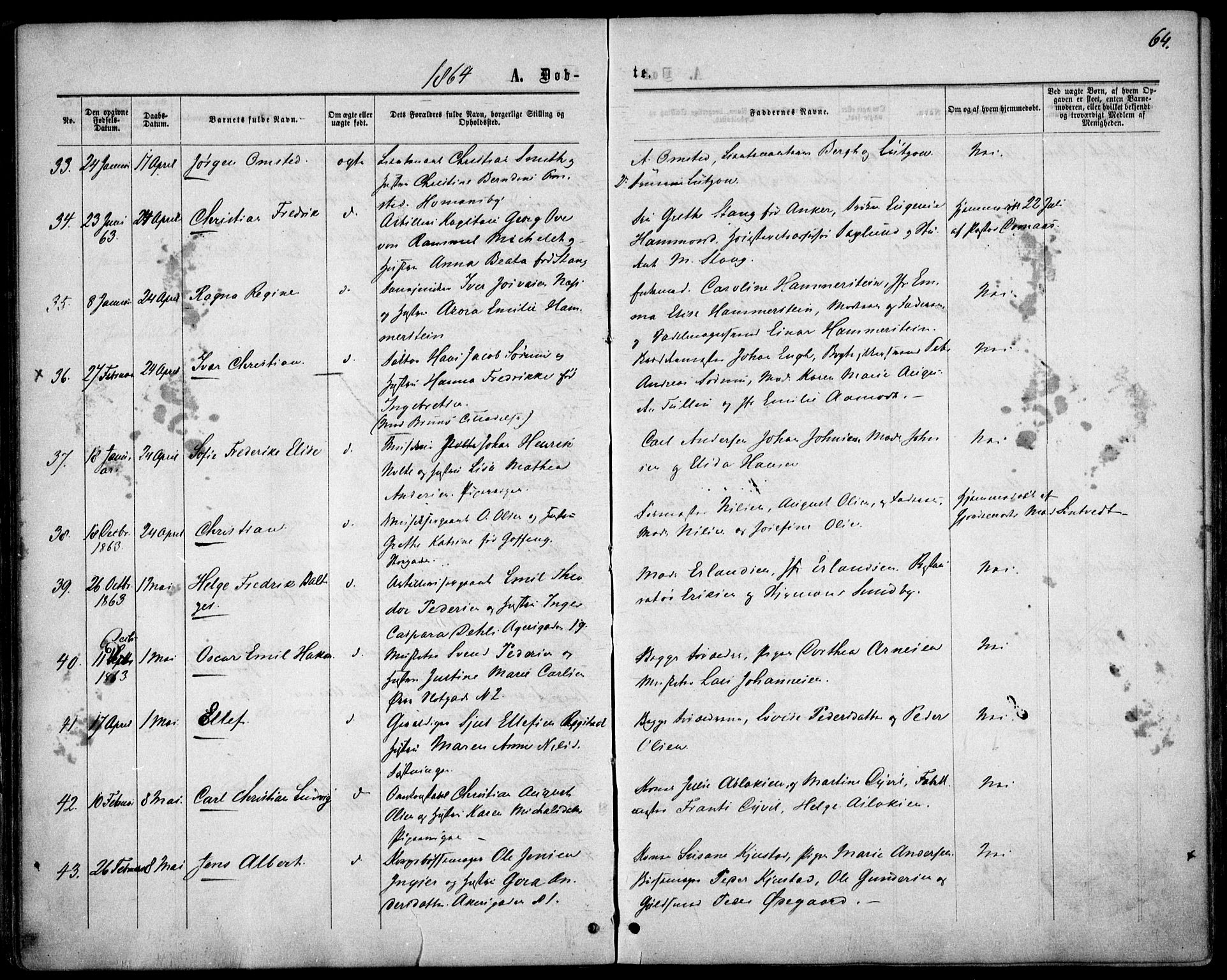 Garnisonsmenigheten Kirkebøker, SAO/A-10846/F/Fa/L0010: Parish register (official) no. 10, 1859-1869, p. 64
