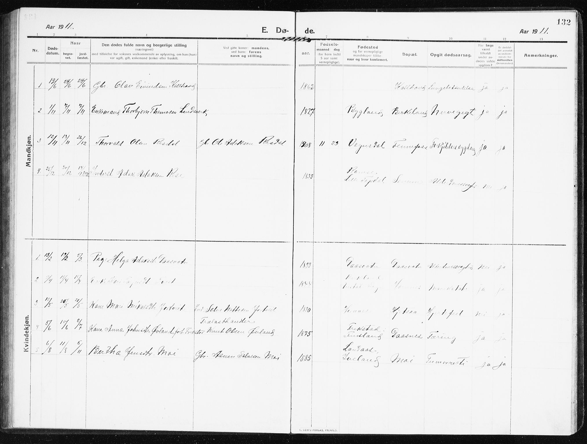 Evje sokneprestkontor, SAK/1111-0008/F/Fb/Fbb/L0003: Parish register (copy) no. B 3, 1910-1933, p. 132