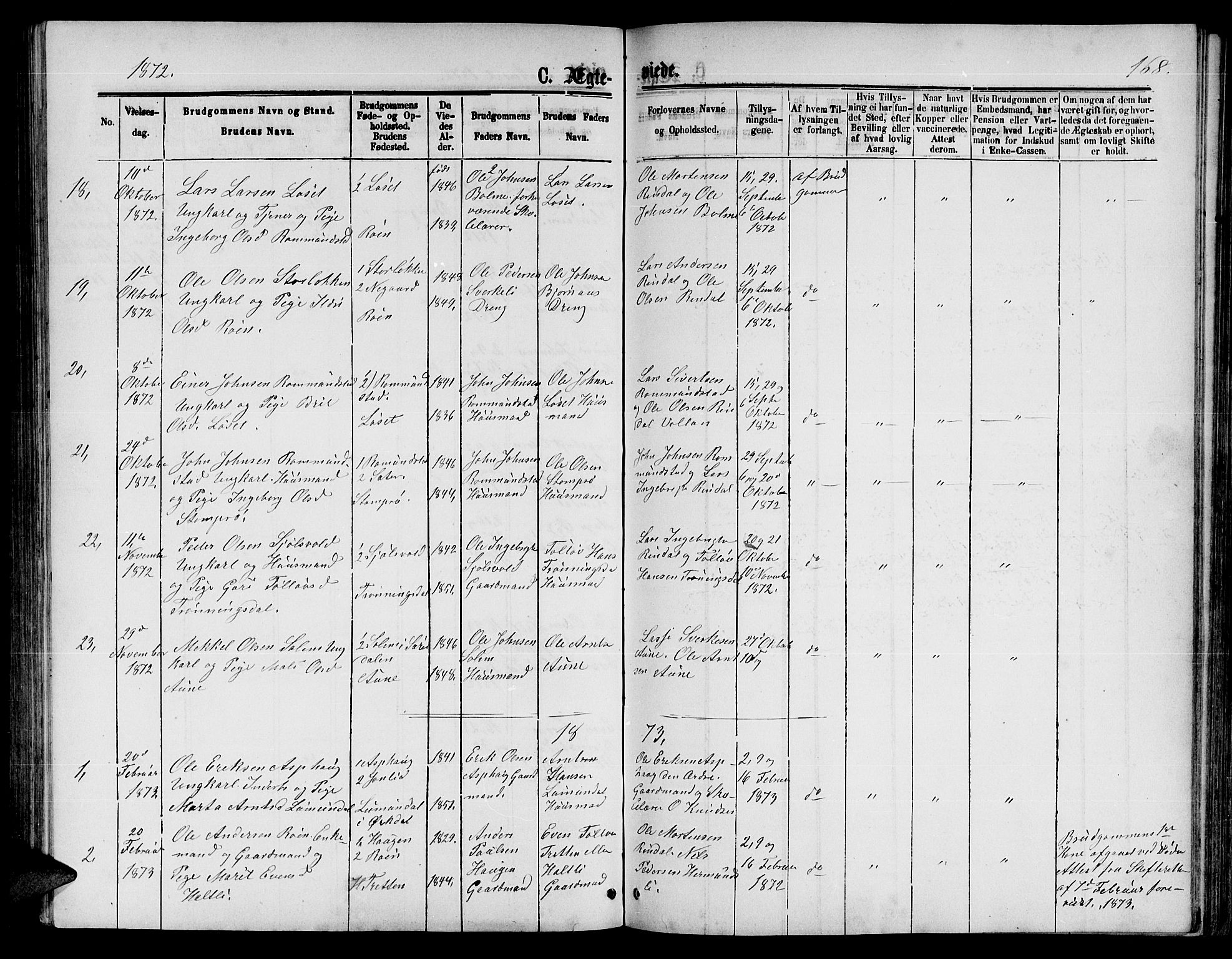 Ministerialprotokoller, klokkerbøker og fødselsregistre - Møre og Romsdal, AV/SAT-A-1454/598/L1076: Parish register (copy) no. 598C01, 1867-1878, p. 168