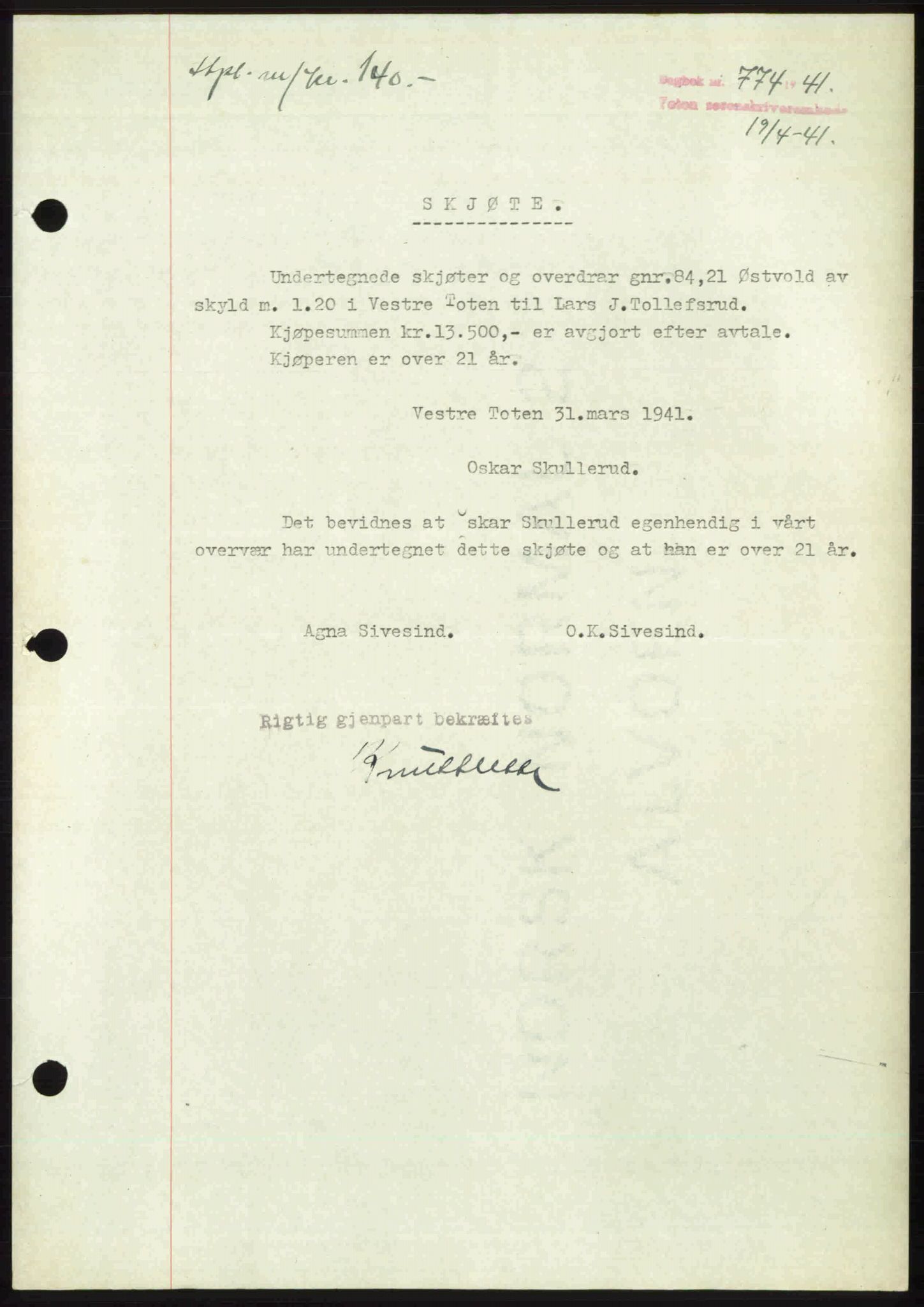 Toten tingrett, SAH/TING-006/H/Hb/Hbc/L0008: Mortgage book no. Hbc-08, 1941-1941, Diary no: : 774/1941