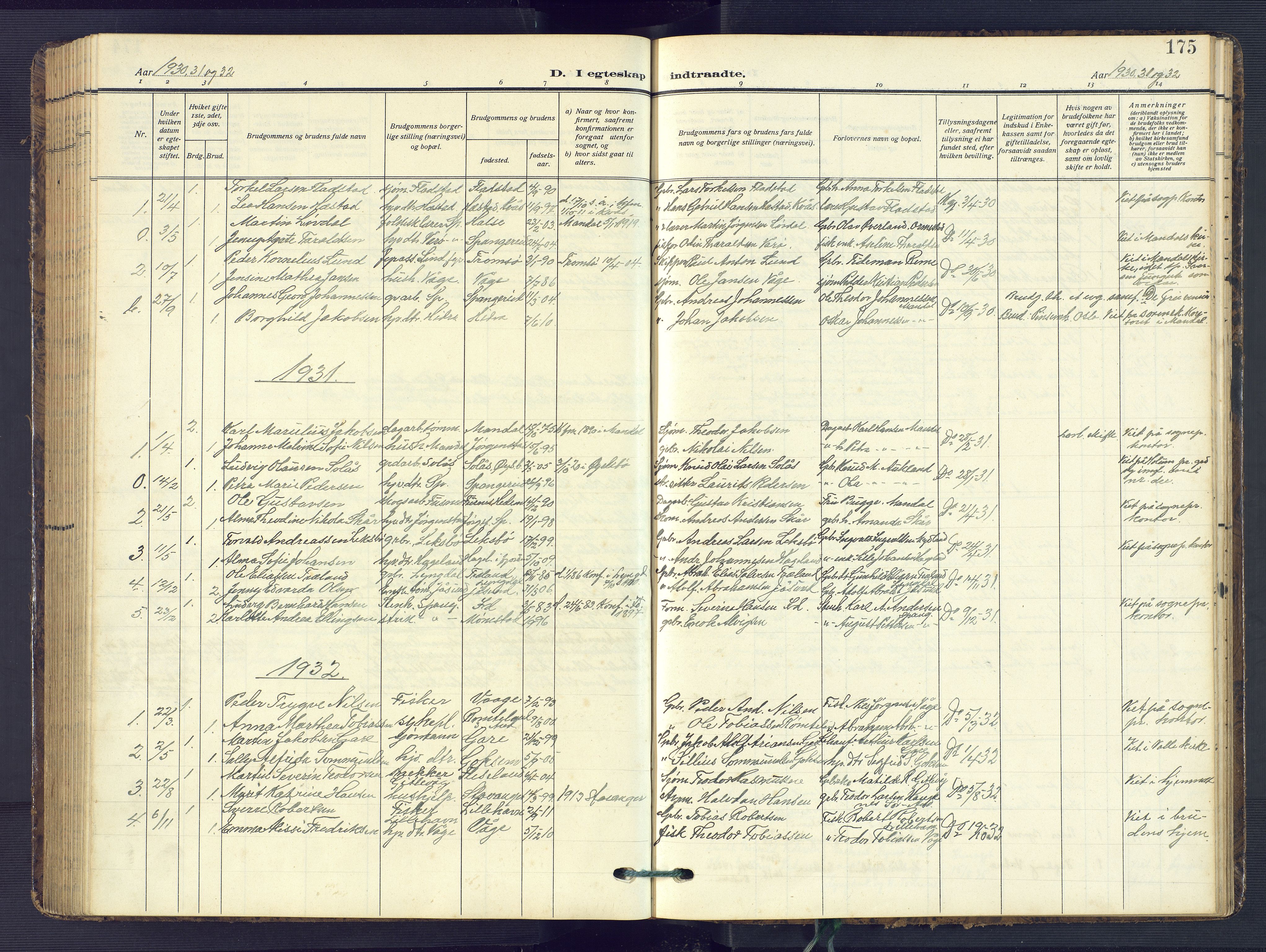 Sør-Audnedal sokneprestkontor, AV/SAK-1111-0039/F/Fb/Fba/L0005: Parish register (copy) no. B 5, 1908-1963, p. 175