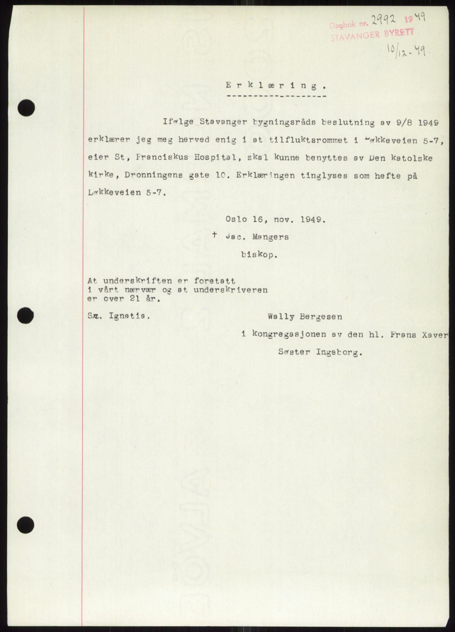 Stavanger byrett, SAST/A-100455/002/G/Gb/L0032: Mortgage book, 1947-1950, Diary no: : 2992/1949