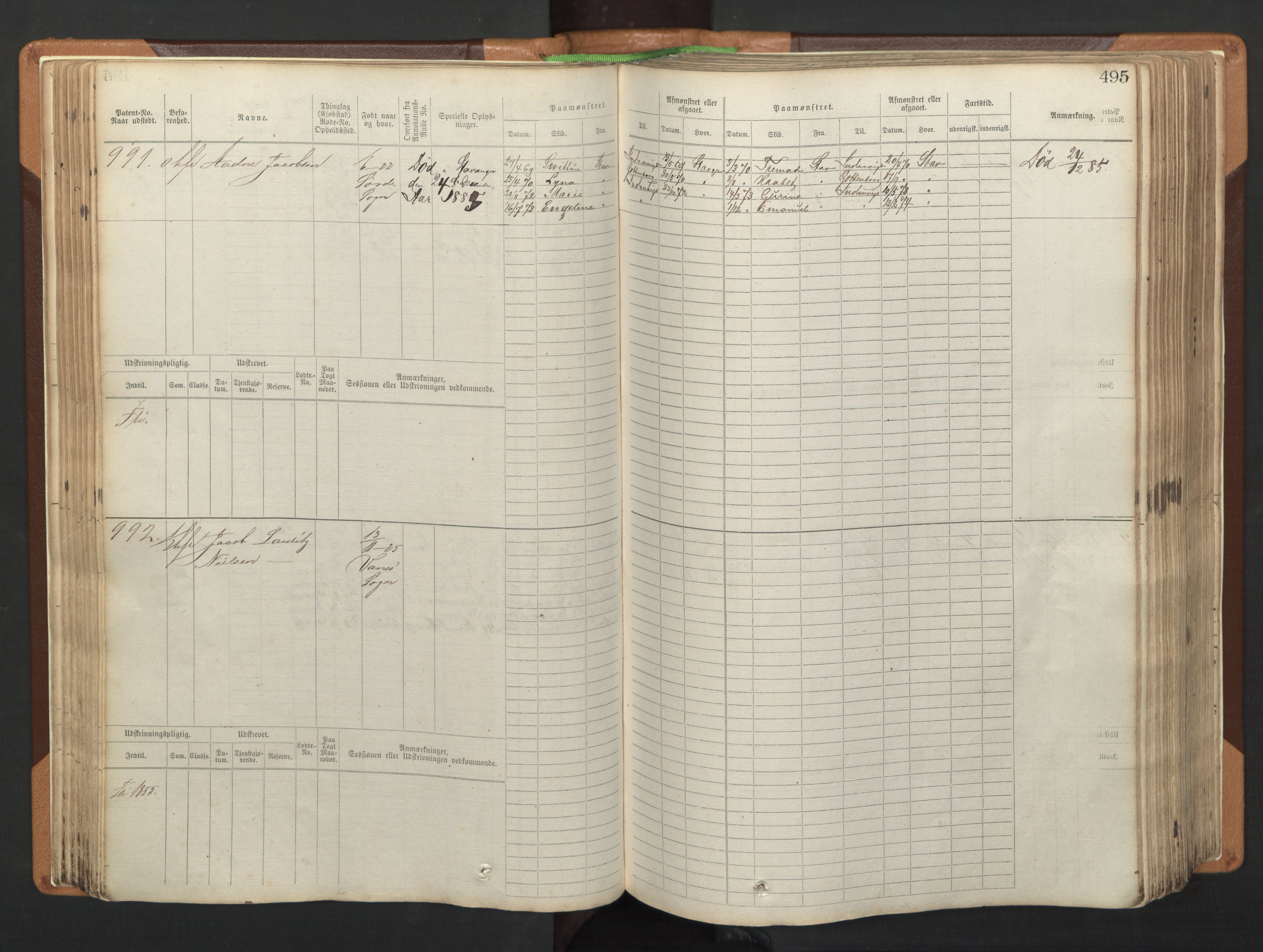 Stavanger sjømannskontor, AV/SAST-A-102006/F/Fb/Fbb/L0005: Sjøfartshovedrulle, patentnr. 793-1606 (del 2), 1869-1880, p. 105