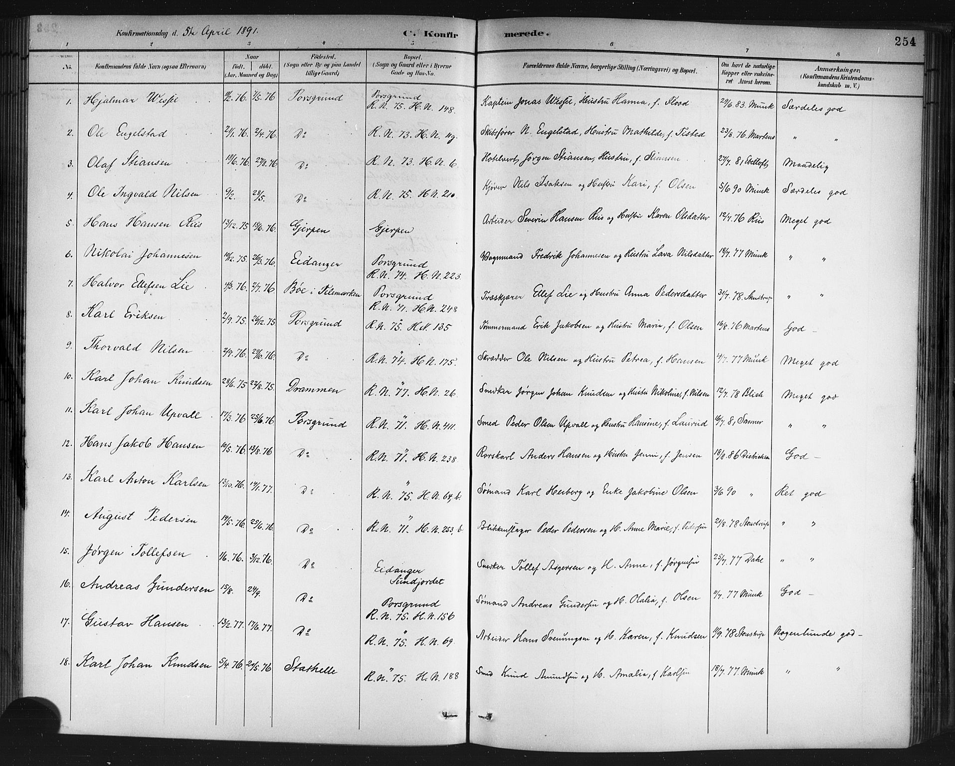 Porsgrunn kirkebøker , SAKO/A-104/G/Gb/L0005: Parish register (copy) no. II 5, 1883-1915, p. 254