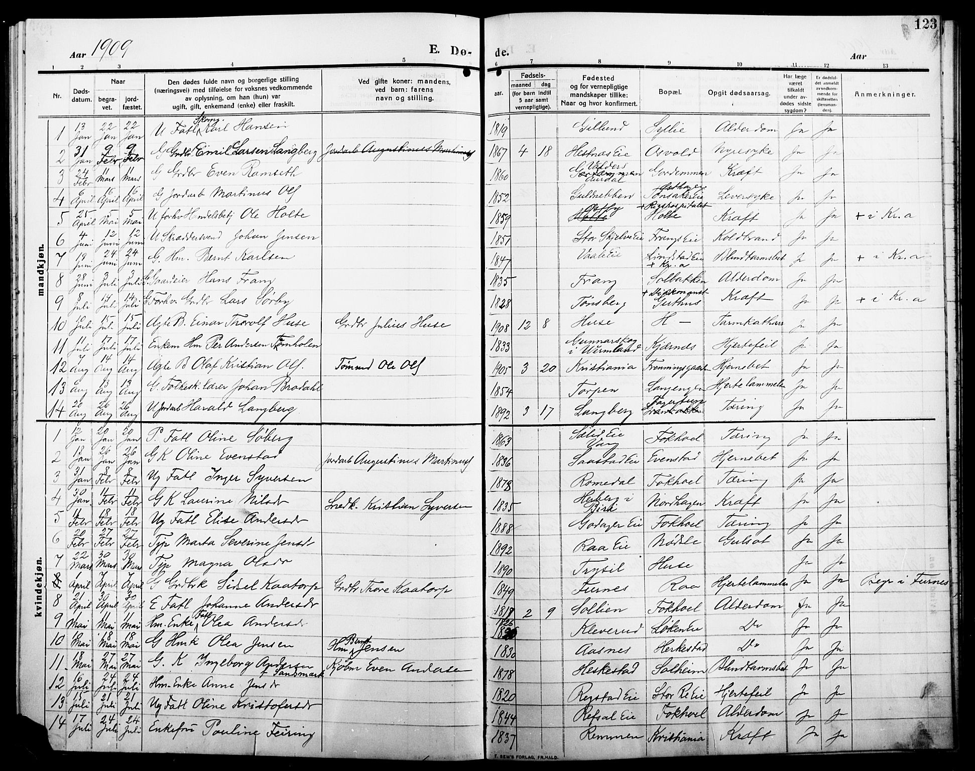 Stange prestekontor, SAH/PREST-002/L/L0014: Parish register (copy) no. 14, 1909-1917, p. 123