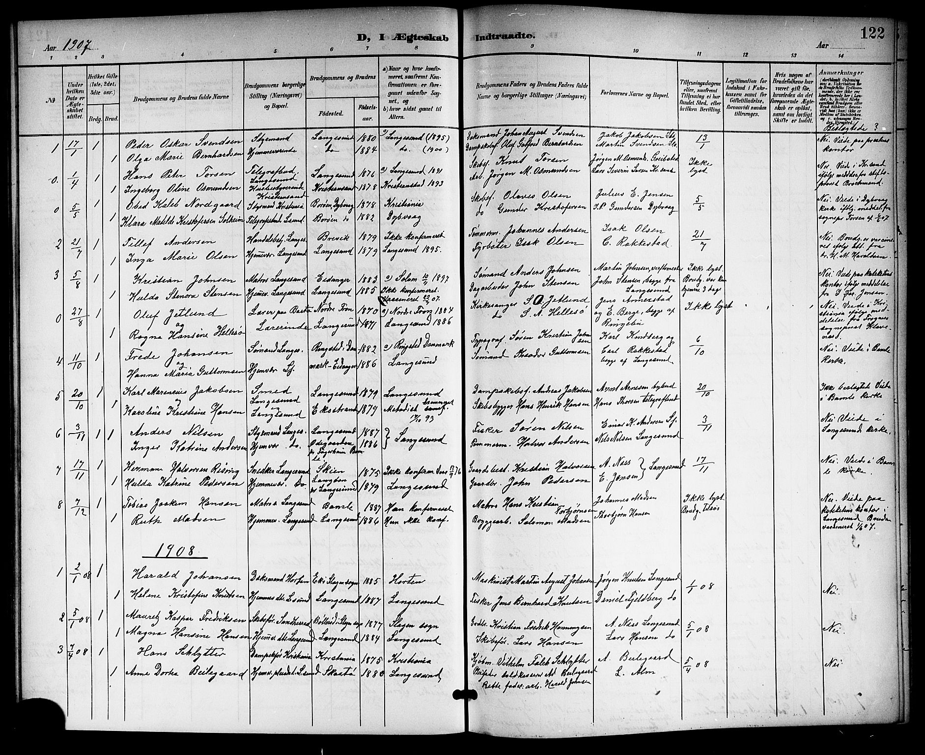 Langesund kirkebøker, SAKO/A-280/G/Ga/L0006: Parish register (copy) no. 6, 1899-1918, p. 122