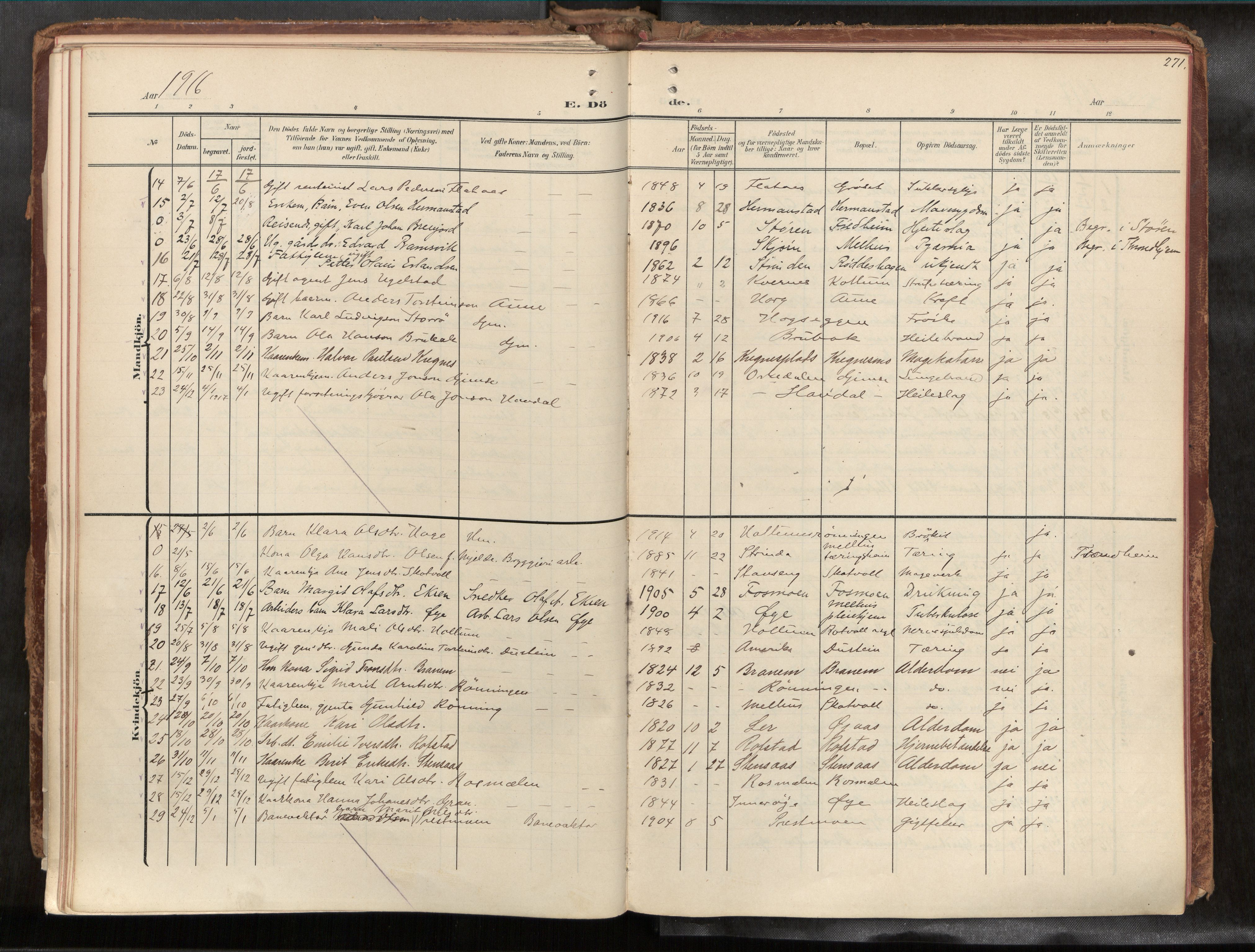 Ministerialprotokoller, klokkerbøker og fødselsregistre - Sør-Trøndelag, AV/SAT-A-1456/691/L1085b: Parish register (official) no. 691A18, 1908-1930, p. 271