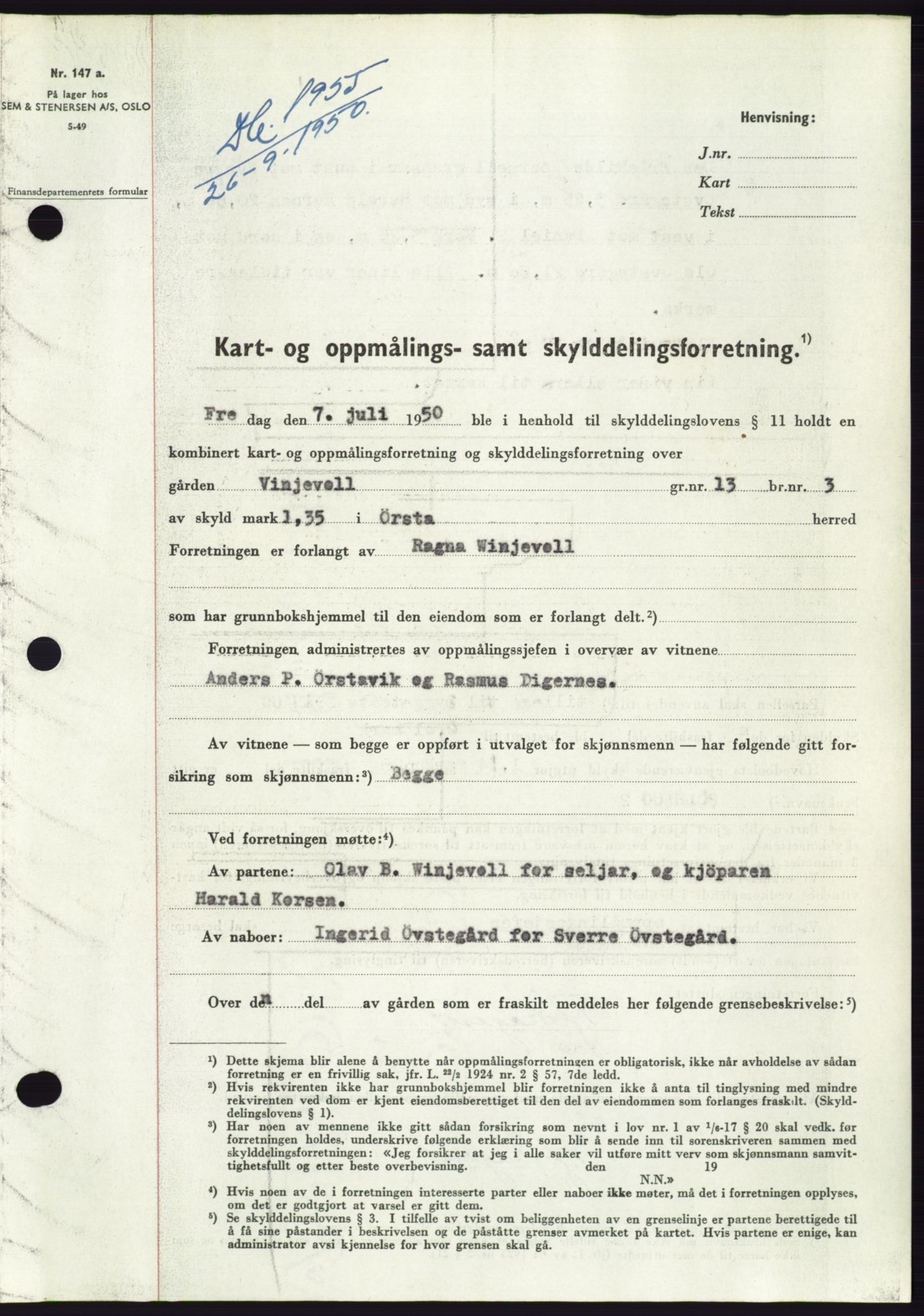 Søre Sunnmøre sorenskriveri, AV/SAT-A-4122/1/2/2C/L0087: Mortgage book no. 13A, 1950-1950, Diary no: : 1955/1950