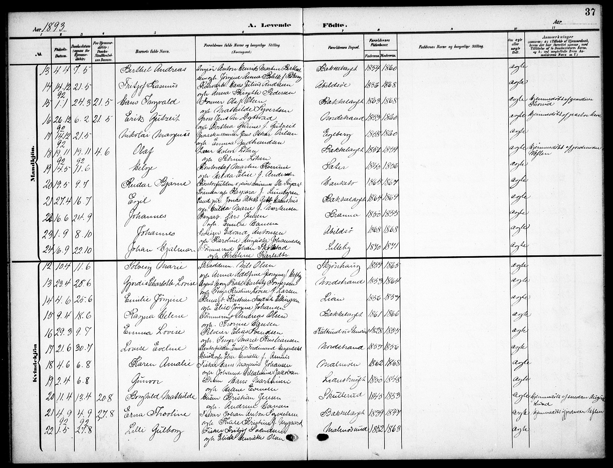 Nordstrand prestekontor Kirkebøker, AV/SAO-A-10362a/F/Fa/L0000: Parish register (official) no.  0, 1881-1900, p. 37